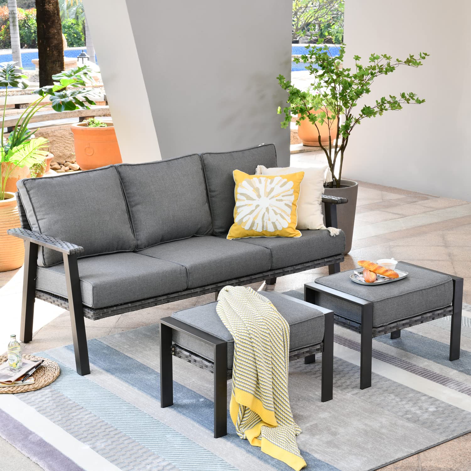 Ovios 3-Piece Patio Sofa Set with 2 Ottomans - Outdoor Wicker Rattan Couch with Comfortable Cushions - All-Weather High Back 3-Seater Sofa for Garden, Porch, or Backyard - Dark Grey
