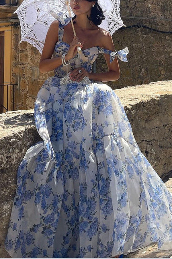 Fairytale Itself Organza Floral Print Tie Strap Maxi Dress - Elegant Summer Wedding Guest Dress for Beach Parties & Formal Occasions