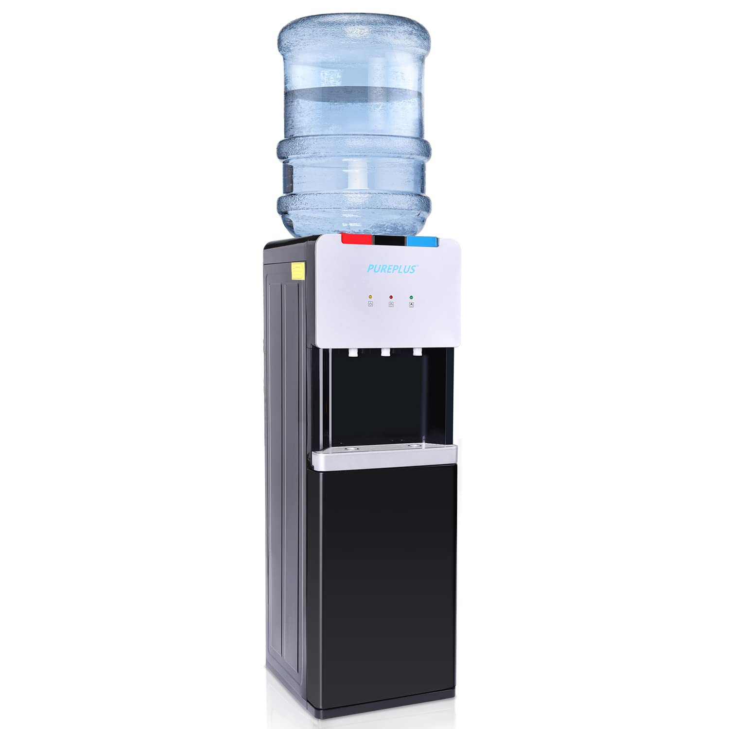 PUREPLUS Top Loading Water Cooler Dispenser - Hot, Cold & Room Temperature Water with Child Safety Lock - 3/5 Gallon Bottle Capacity - Compression Refrigeration - ETL Certified (Black) - Perfect for Home, Office & Kitchen Use