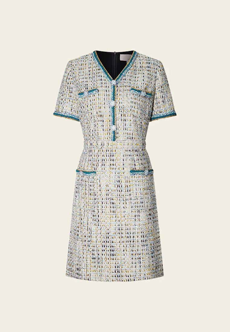 Elegant Earth Tone Blue & Gold Tweed Dress for Women | Vintage Style Office & Party Wear | Perfect for Work, Cocktail Events & Special Occasions