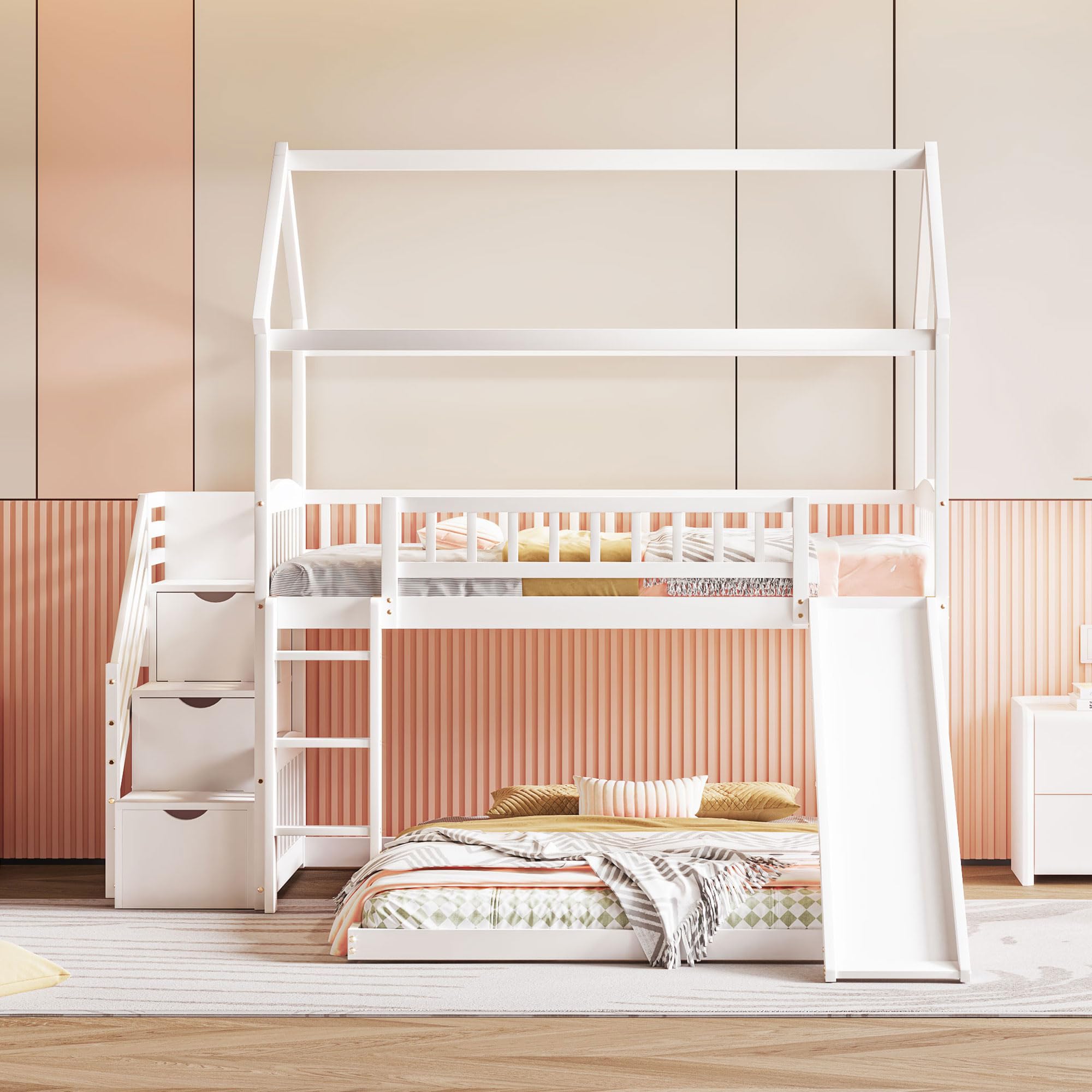 Solid Wood Twin Over Twin Bunk Bed with Slide & Storage Staircase - Kids Loft Bed with Roof & Guardrails for Girls & Boys - Easy Assembly (White) - Perfect for Small Bedrooms, Playrooms & Sleepovers