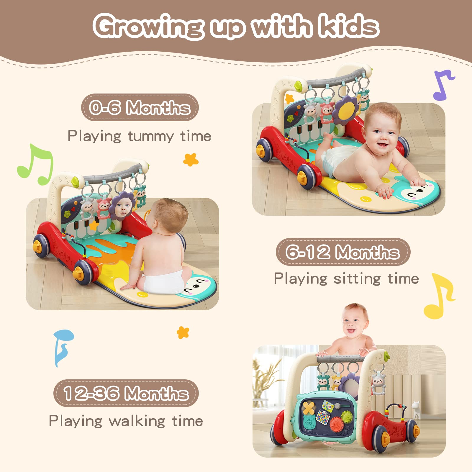 Baby Play Mat & Activity Gym with Piano Keys - Tummy Time Floor Mat, Infant Seat & Push Walker Toy for Newborns 0-12 Months | Perfect for Crawling, Sensory Play & Early Development | Ideal Baby Gift for Boys & Girls
