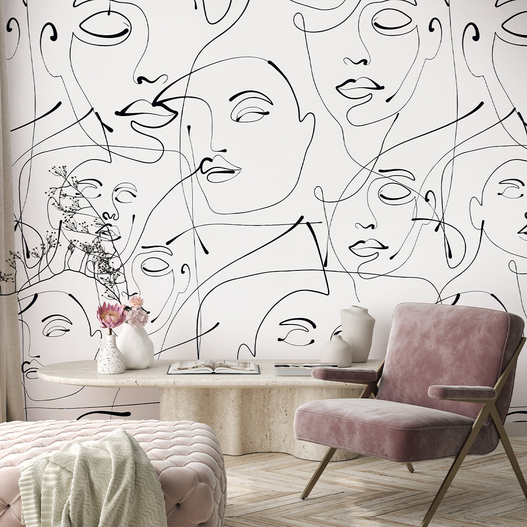 Black and White Line Art Face Wall Mural CCM146 - Modern Abstract Home Decor for Living Room, Bedroom or Office