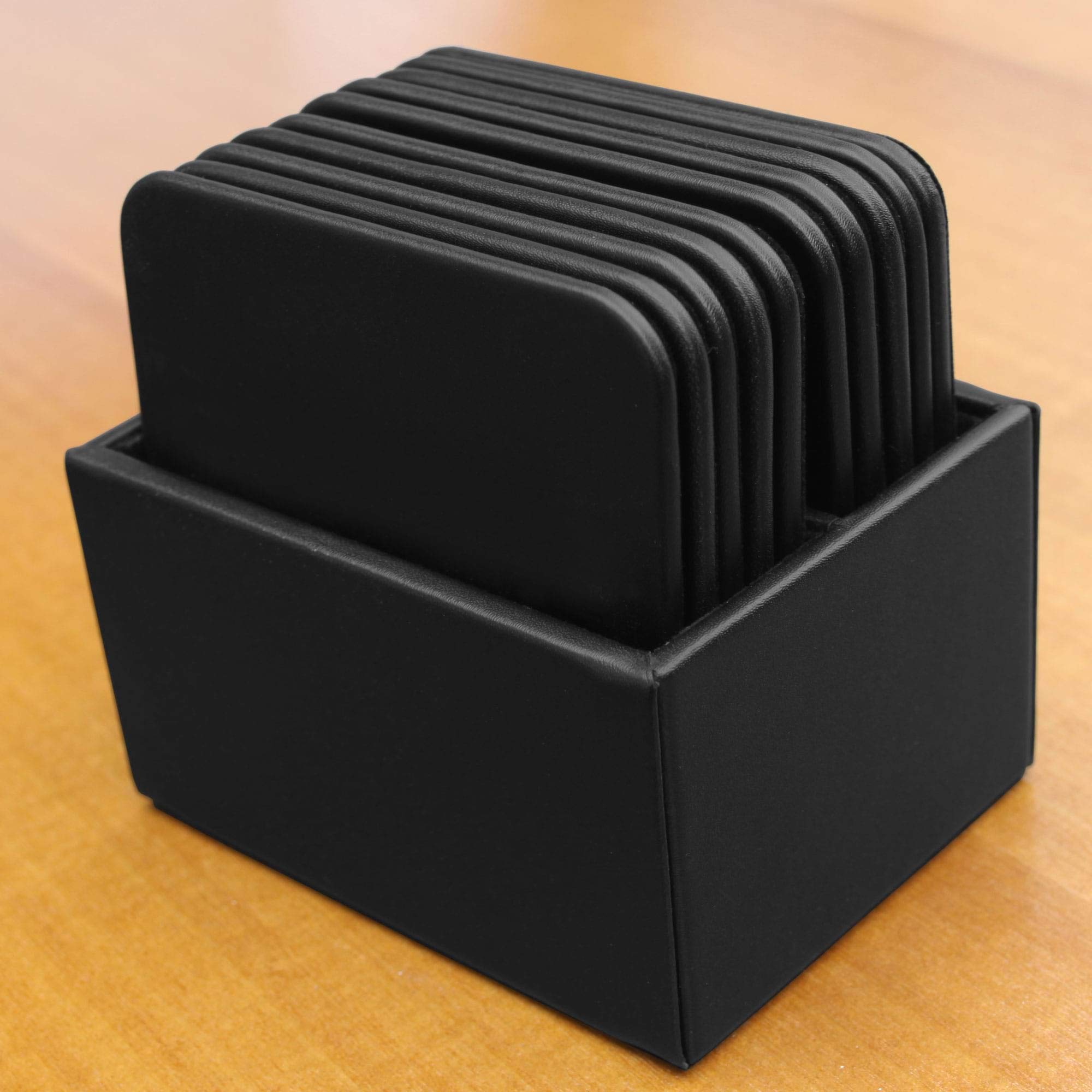 Premium Dacasso Black Leather 10-Piece Square Coaster Set with Elegant Holder - Perfect for Home, Office, Bar, and Dining Table Protection