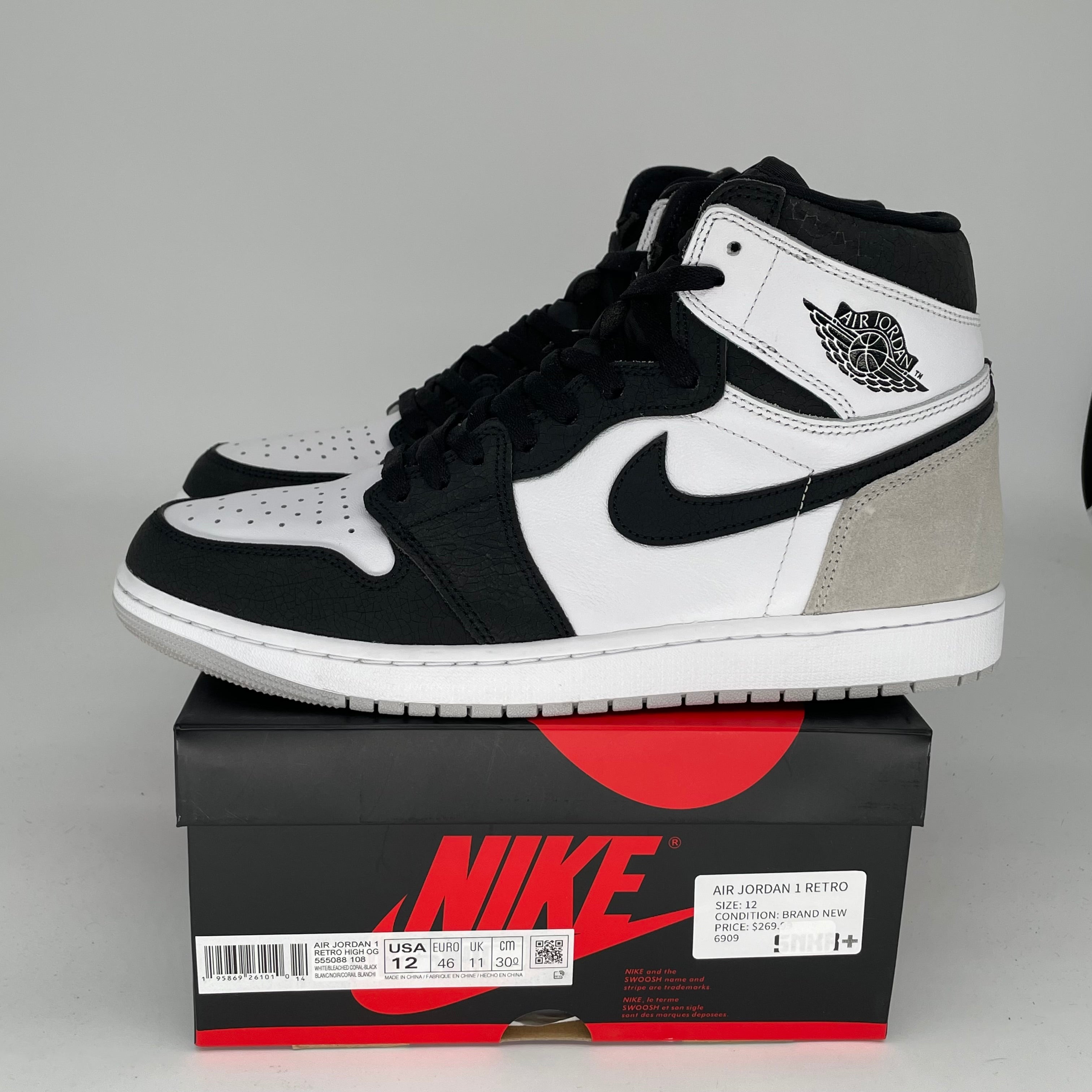 AIR JORDAN 1 BLEACHED CORAL Sneakers - Men's Size 12 (555088-108) - Retro High Top Basketball Shoes for Casual Wear & Street Style