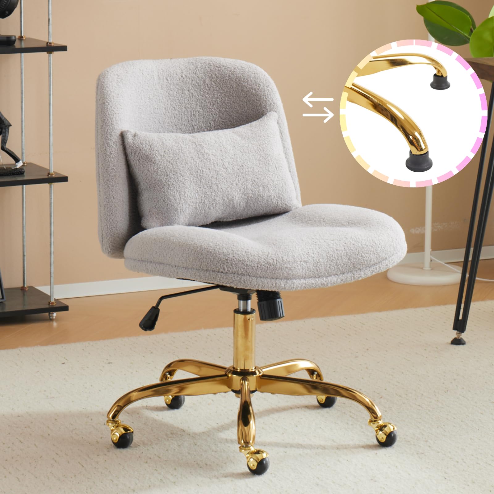 VINGLI Ergonomic Wide Criss Cross Leg Office Chair with Lumbar Pillow - Gold Base Swivel Desk Chair for Home Office & Bedroom, Adjustable Dual-Use Design (Wheels Optional), Soft Teddy Fleece Gray Fabric - Perfect for Long Work Sessions, Gaming & Vanity Makeup Areas