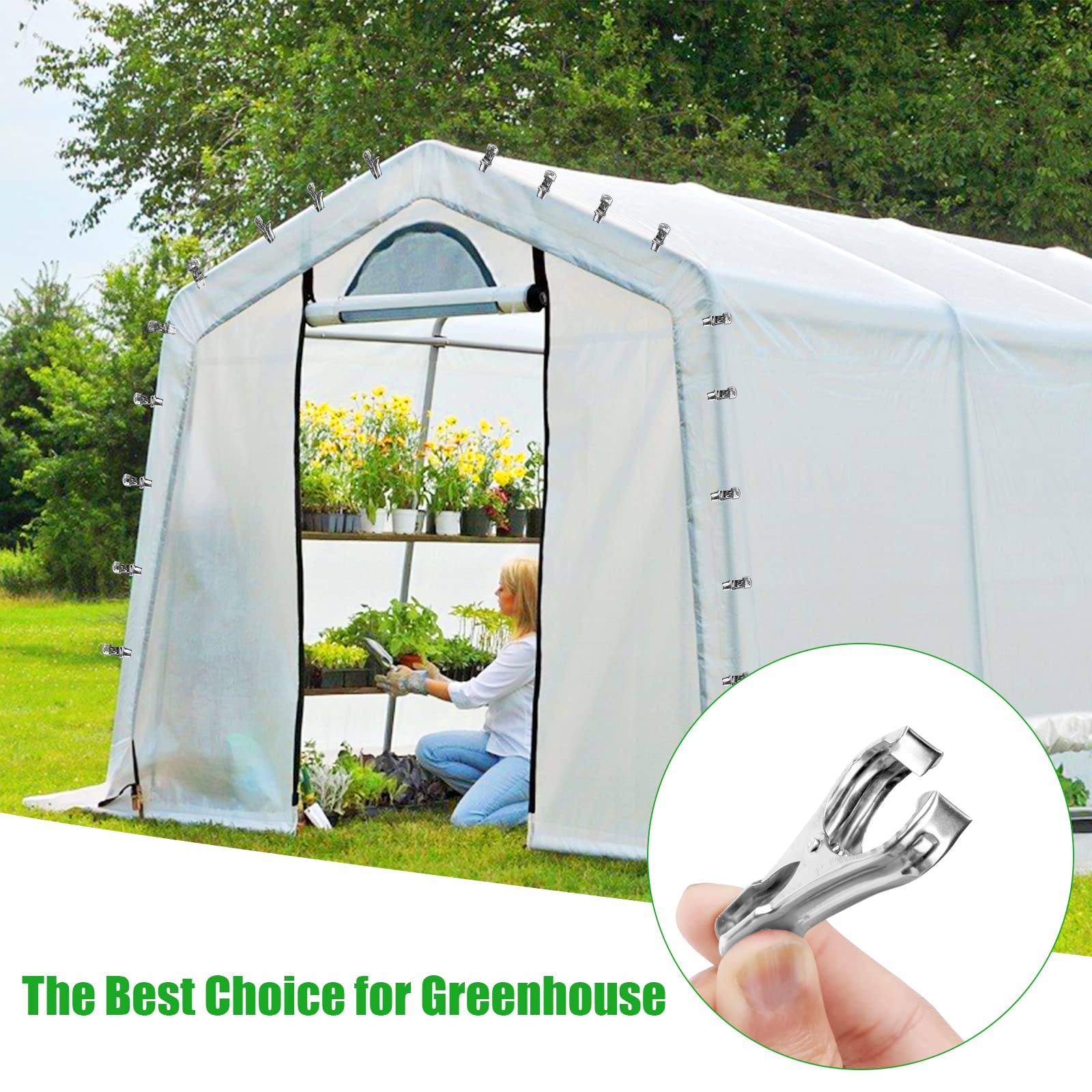60PCS Heavy Duty Stainless Steel Greenhouse Clips - Large Opening Garden Clamps for Shade Cloth, Greenhouse & Plant Support - Durable Rust-Proof White Clips for Outdoor Gardening, Greenhouse Covering & Plant Training