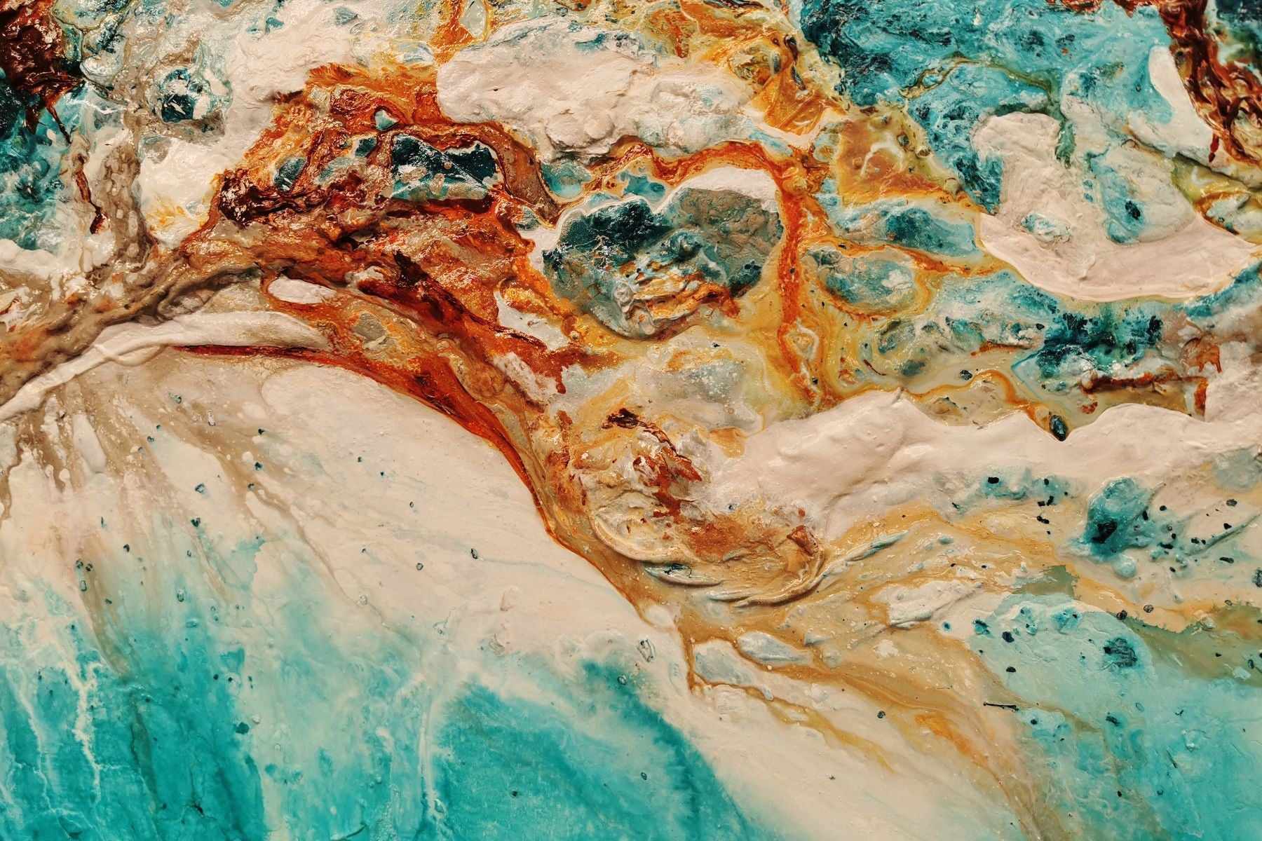 240cm x 120cm Turquoise Rust White Abstract Ocean Wave Textured Canvas Wall Art - Modern Coastal Decor for Living Room, Bedroom & Office