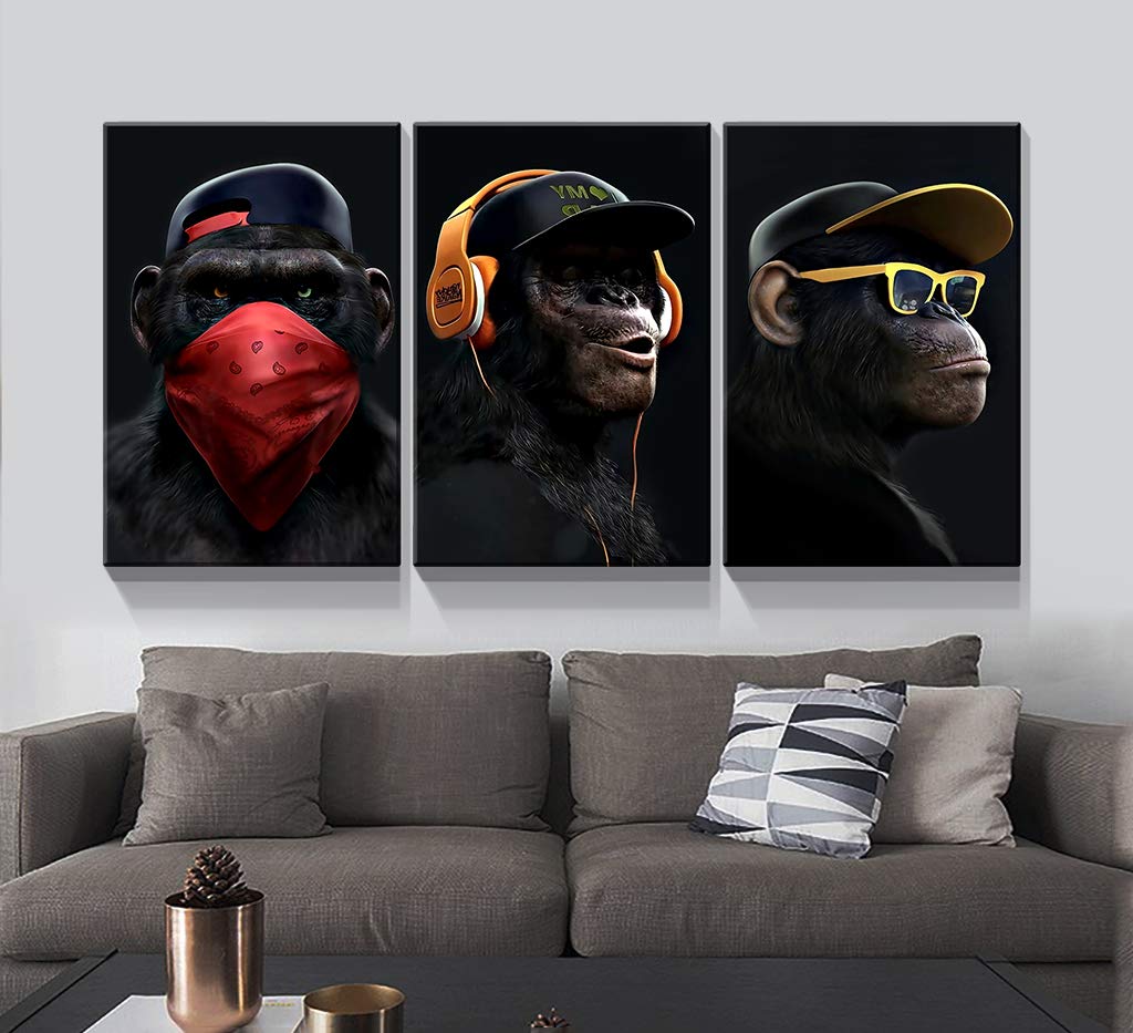 Denozer - 3 Piece Canvas Wall Art with Music Gorilla Design, Giclee Print Gallery Wrapped Ready to Hang, 24