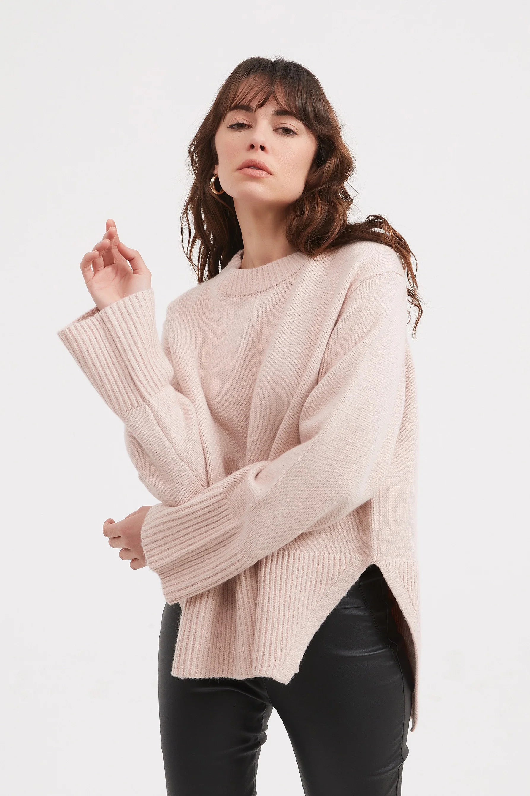 Champagne Pink Deep Split Knit Sweater - Elegant & Stylish for Casual Outings & Date Nights