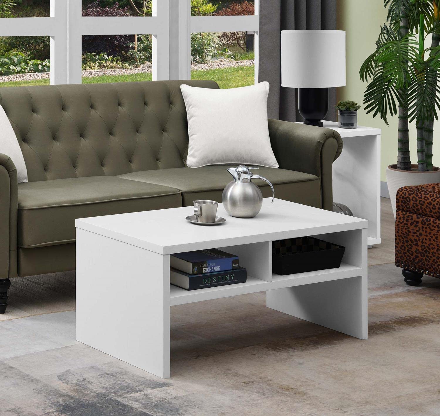 Convenience Concepts Northfield Admiral Deluxe White Coffee Table with Storage Shelves - Modern Living Room Furniture for Home Decor & Entertainment Use