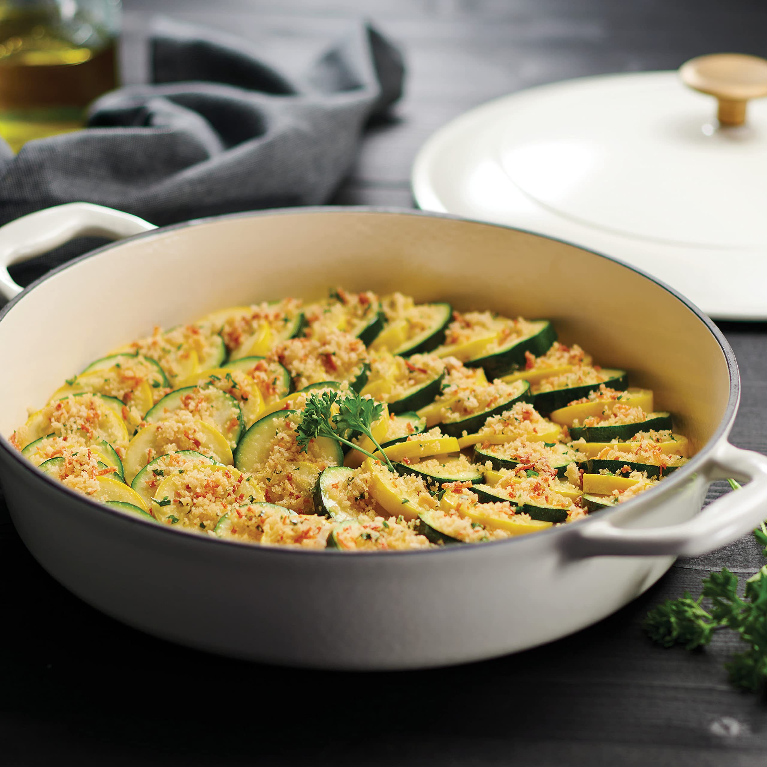 Tramontina 4-Quart Enameled Cast Iron Braiser Pan with Lid - Latte Color, Gold Knob - Perfect for Searing, Braising & Slow Cooking in Oven or Stovetop