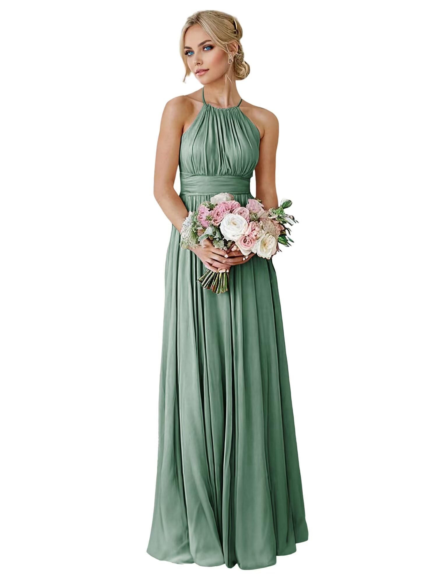Elegant Halter Neck Long Chiffon Bridesmaid Dresses with Pockets - A-Line Pleated Formal Gowns for Weddings, Parties & Special Occasions