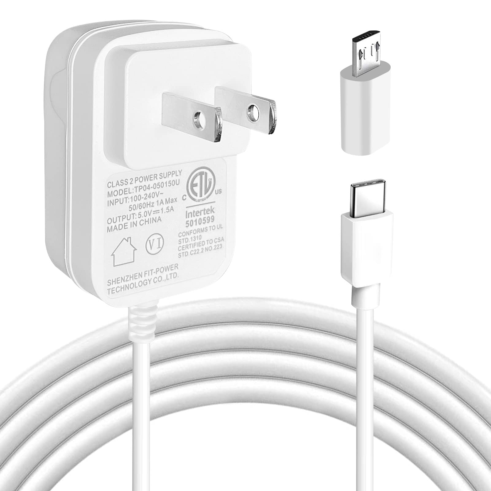 5V 1.5A Power Adapter with USB-C & Micro USB Ports - ETL Certified Wall Charger for Smartphones, Tablets, LED Lights - Perfect for Home, Office & Travel Use