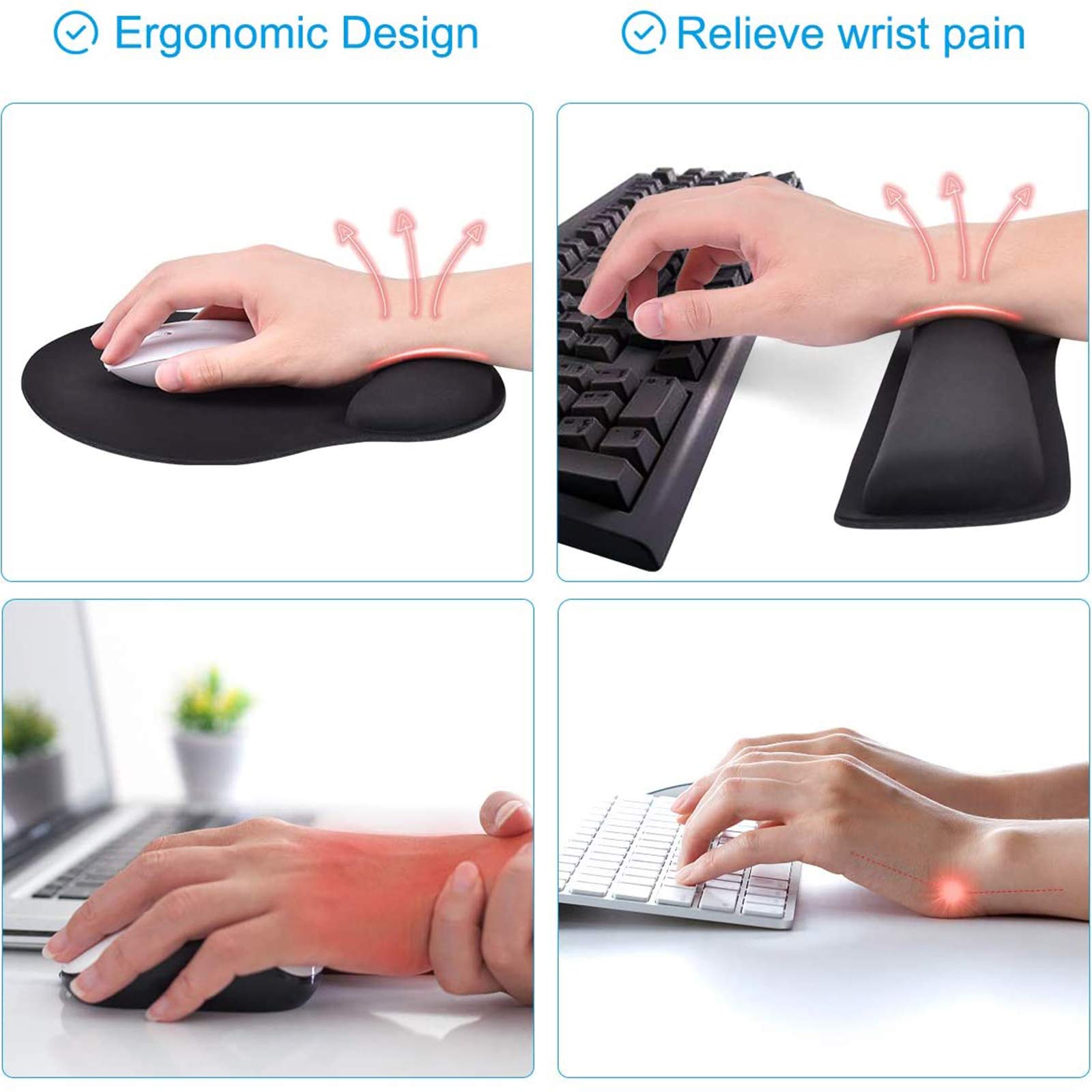 Anti-Slip Black Gel Wrist Rest Support Pad for PC & Gaming Keyboard - Ergonomic Comfort & Hand Relief for Office Work & Long Gaming Sessions - Black