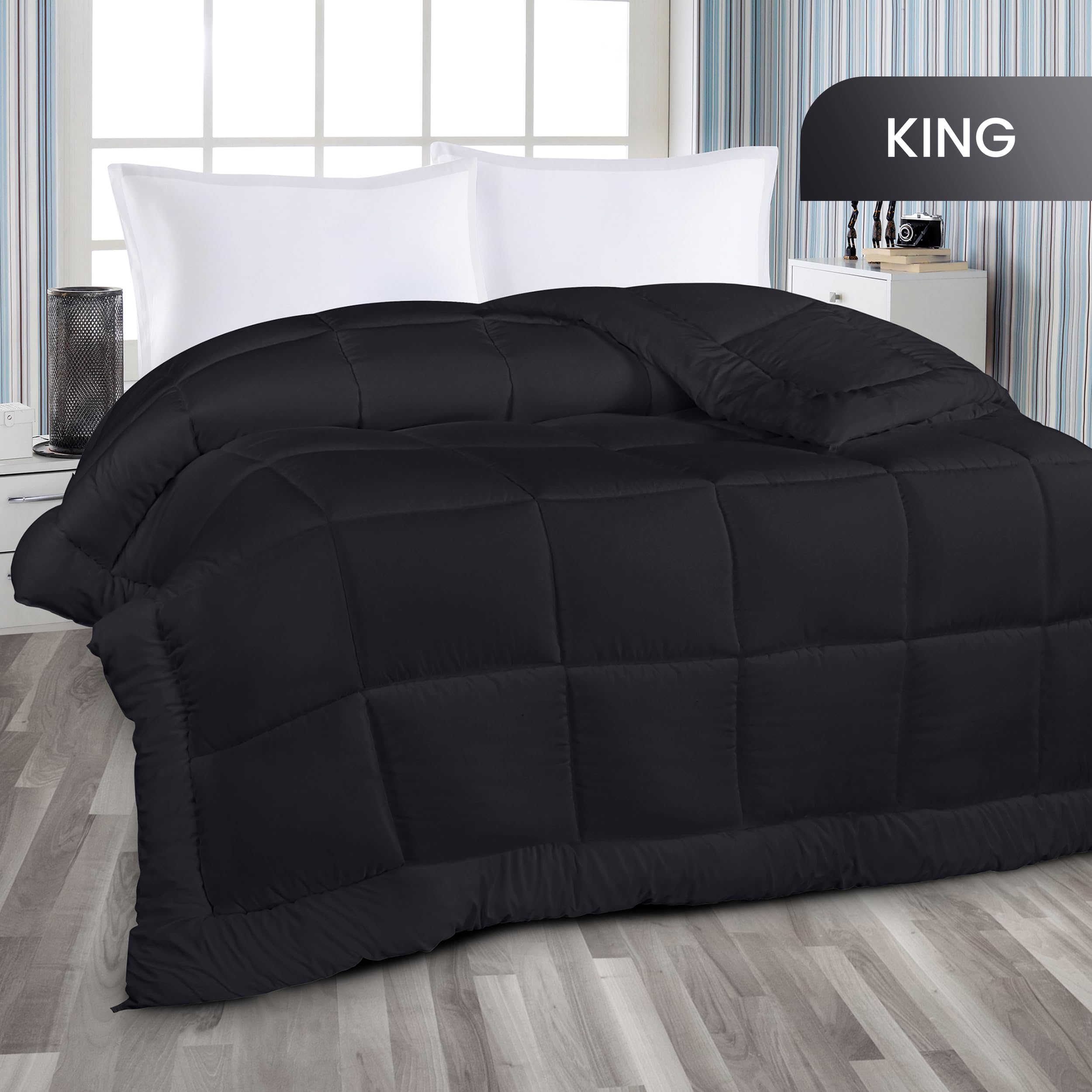 Utopia Bedding All Season Down Alternative Quilted King Comforter Set - Hypoallergenic Duvet Insert with Corner Tabs, Machine Washable, Soft & Breathable (Black, 4-Pack) - Perfect for Master Bedroom, Guest Room & Luxury Hotels