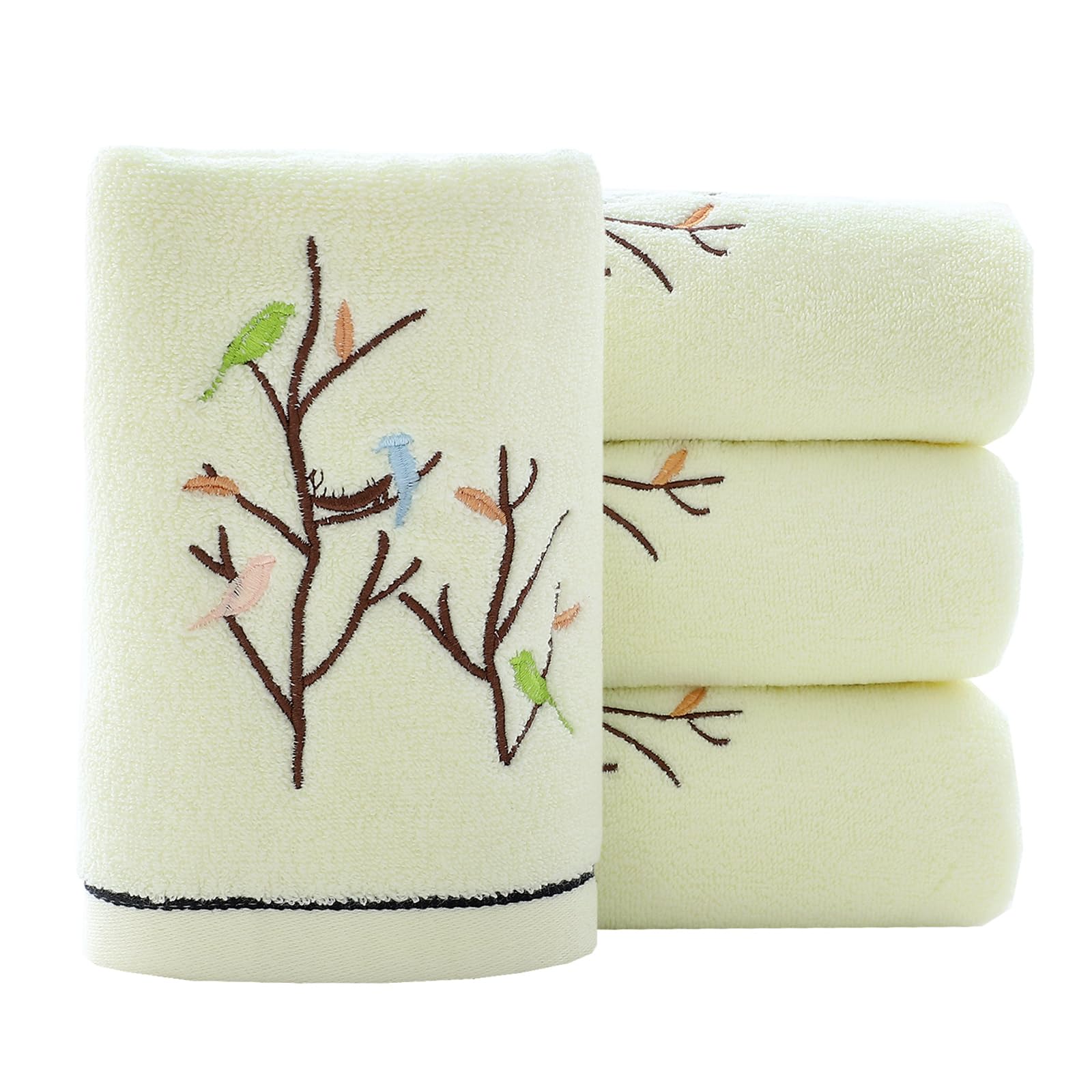 Pidada 4-Pack Embroidered Bird Tree Hand Towels - 100% Cotton, Super Absorbent & Soft Bathroom Towels for Decorative Use (Light Yellow) | Perfect for Guest Bathrooms, Powder Rooms & Farmhouse Decor