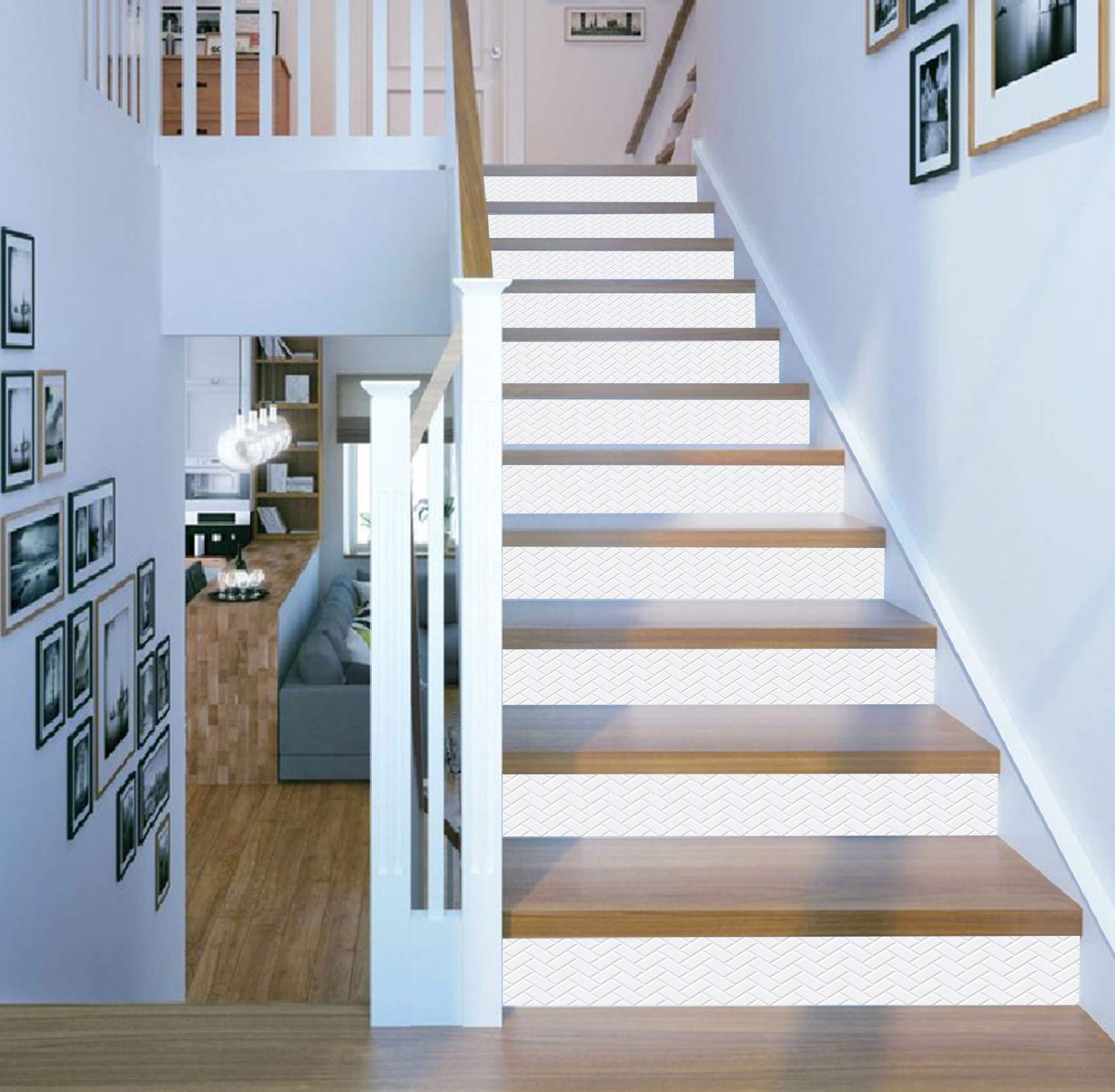 3D White Rectangle 664 Pattern Tile Marble Stair Risers Decal - Self-Adhesive Vinyl Wallpaper Mural for Home Decor (13x18x102cm/7