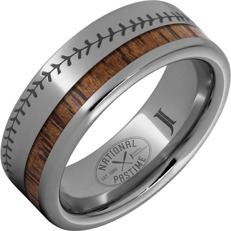 Rugged Tungsten Ring with Hickory Wood Inlay - Vintage Baseball Bat Design & Stitch Engraving | Durable Wedding Band for Men | Perfect Gift for Baseball Fans & Sports Enthusiasts