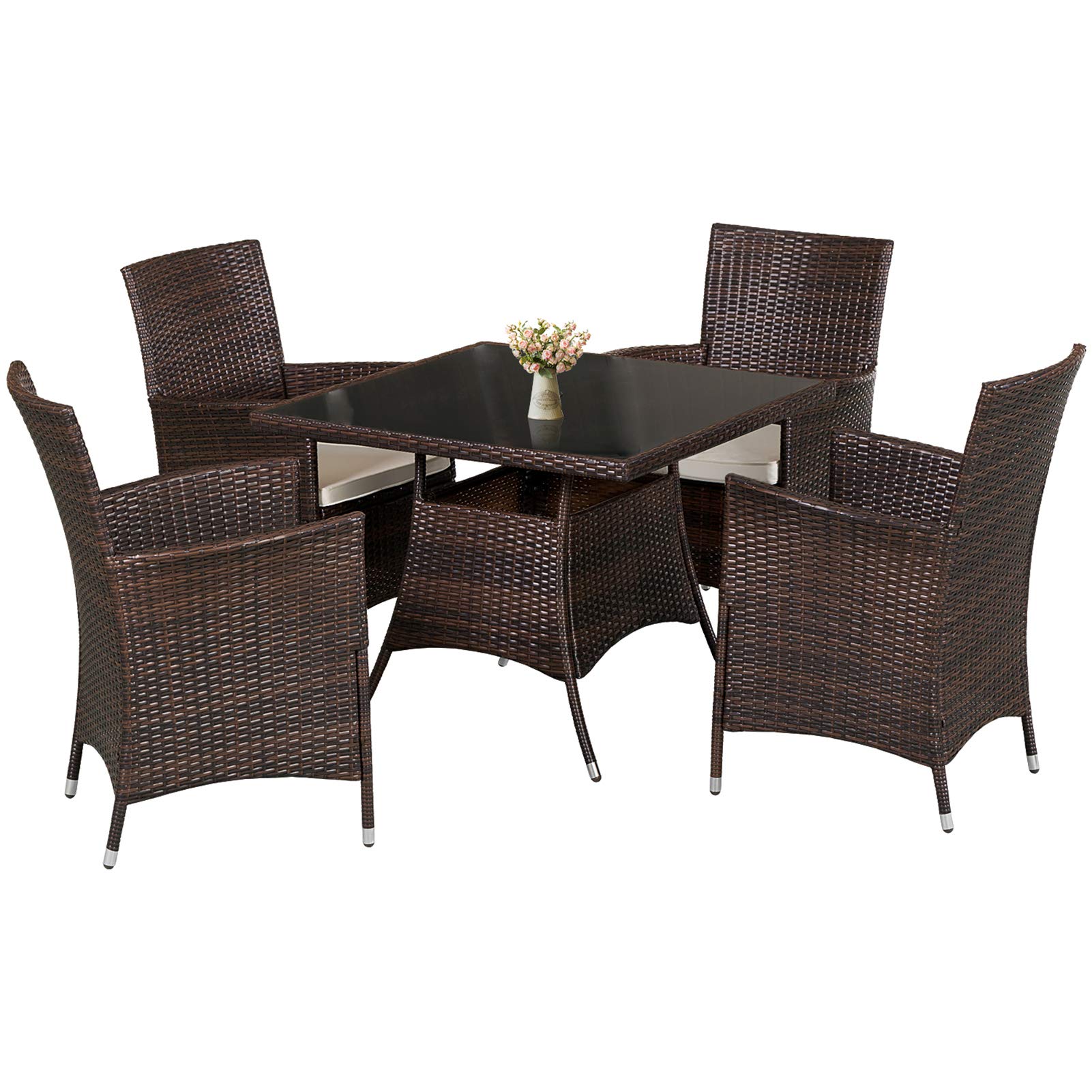5-Piece Outdoor Patio Furniture Set - Square Wicker Dining Table with Tempered Glass Top & 4 Chairs, Umbrella Hole - Brown Rattan Garden Set for Backyard, Poolside or Terrace Dining