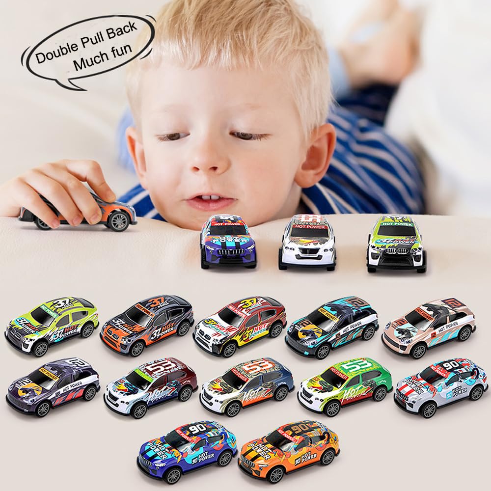 4 Pack Pull Back Racing Cars - 3 Inch Die Cast Metal Friction Powered Toy Cars for Kids & Toddlers - Fun Race Car Toys for Indoor Play, Birthday Gifts & Party Favors