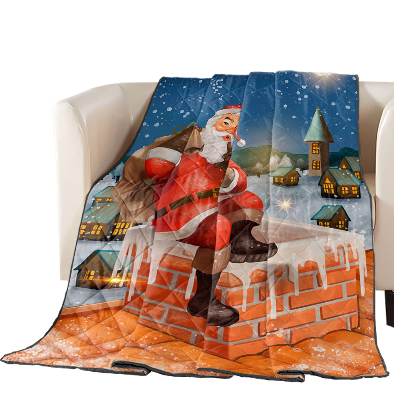 Luxury California King Quilted Comforter - Thin, Soft & Cozy Reversible Bedspread with Christmas Santa Claus & Snow Village Design - All Season Lightweight Quilt Coverlet for Master Bedroom, Guest Room & Holiday Decor