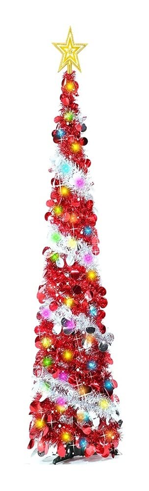 5 Ft Pop Up Christmas Tree with Timer - Battery Operated Tinsel Xmas Tree with Ball Ornaments for Indoor Home Decor (Red Silver) | Perfect for Living Room, Office & Holiday Party Decoration