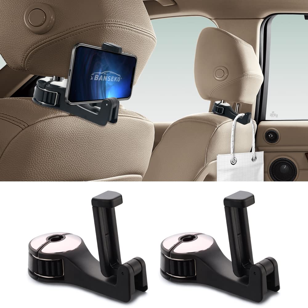 Banseko 2 Pack Universal Car Seat Back Hooks - Adjustable Headrest Hooks for Phones, Bags & Groceries - Durable Silver Vehicle Organizer for Road Trips & Daily Commute