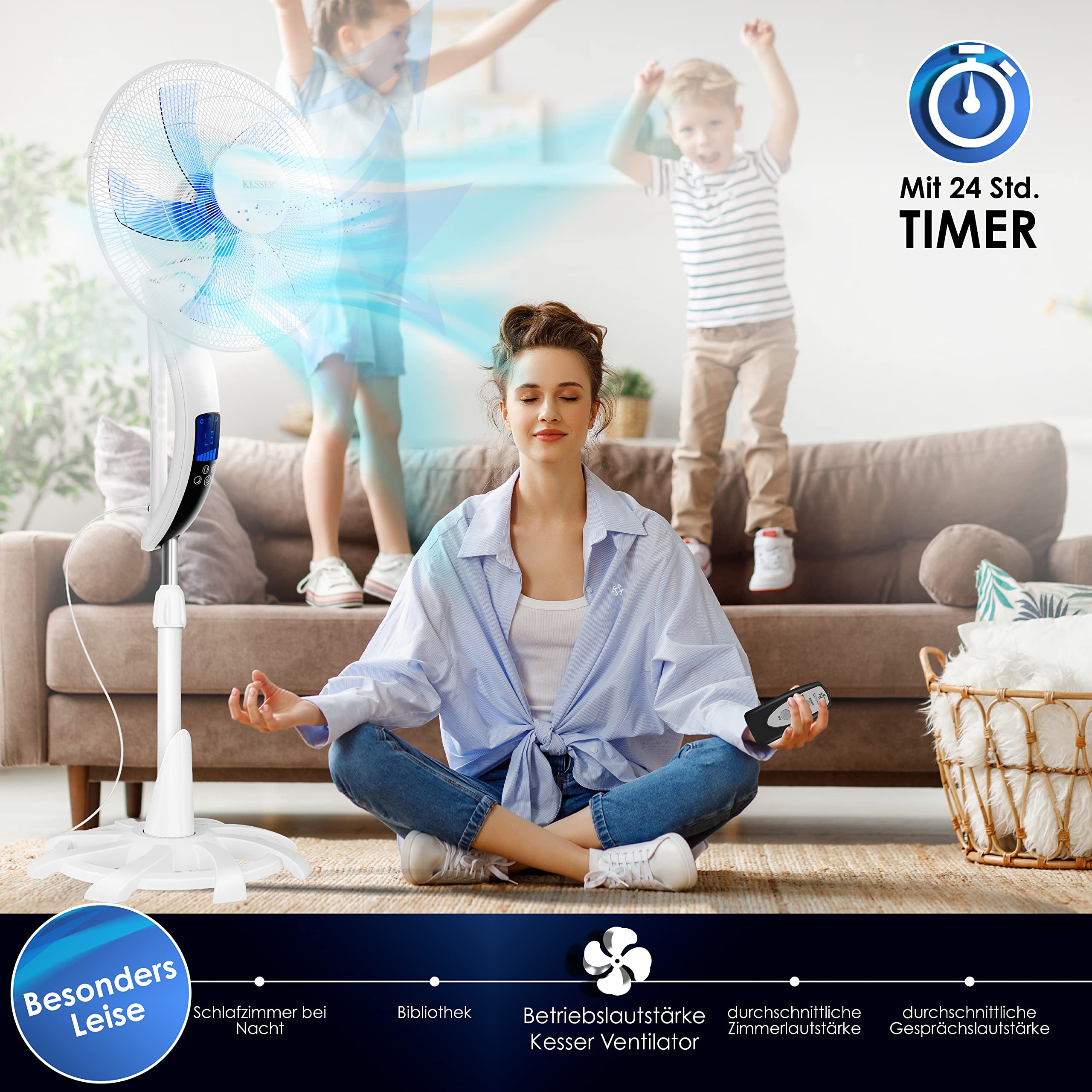 KESSER® 50W Remote Control Floor Fan with Timer, 3 Speed Levels, 80° Oscillation, Height & Tilt Adjustable Stand - Perfect for Home, Office & Bedroom Cooling