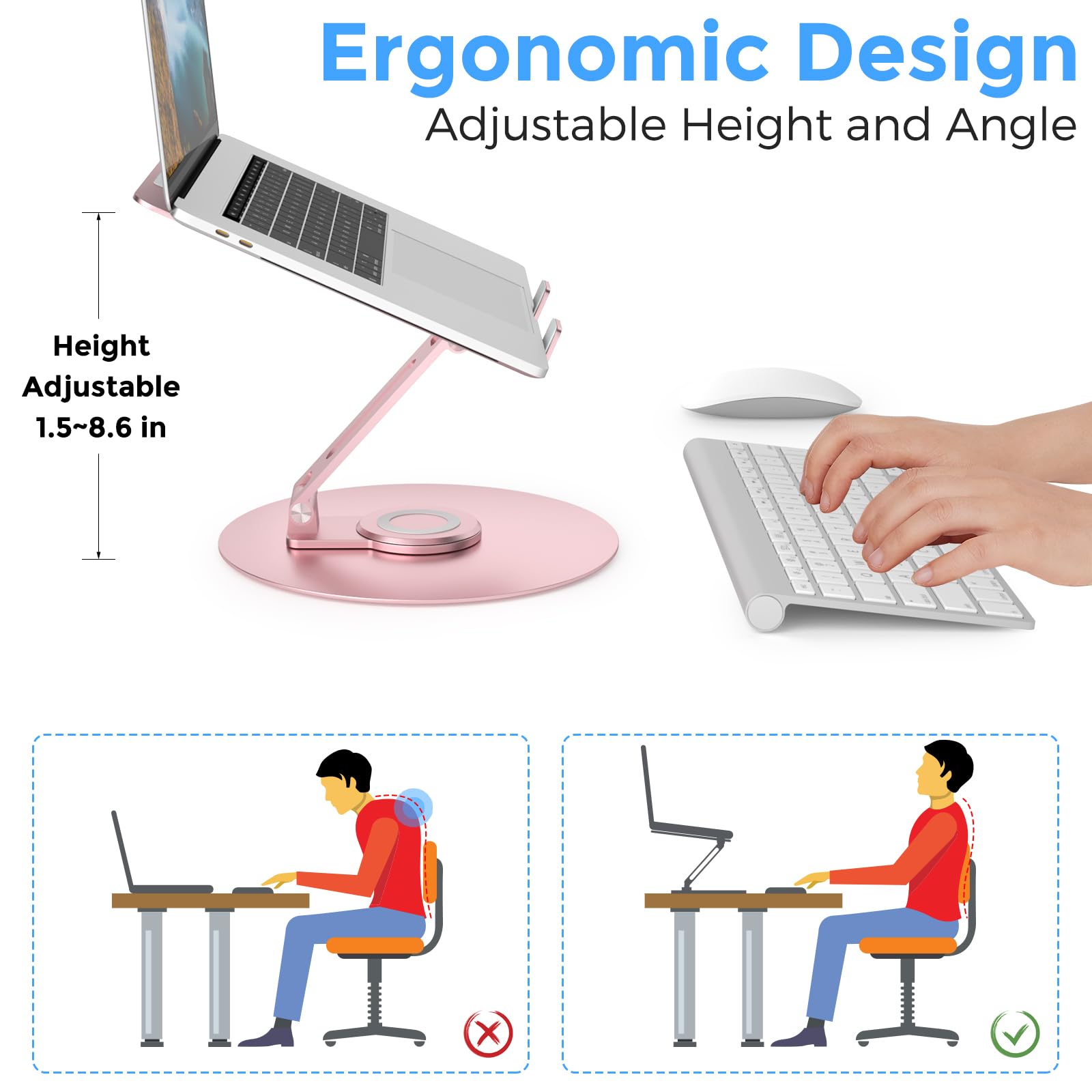 Swivel Laptop Stand for Desk - Adjustable Height, 360° Rotating Base, Foldable Ergonomic Riser, Portable Aluminum Holder for MacBook & All 10-17'' Laptops, Pink - Perfect for Home Office & Remote Work