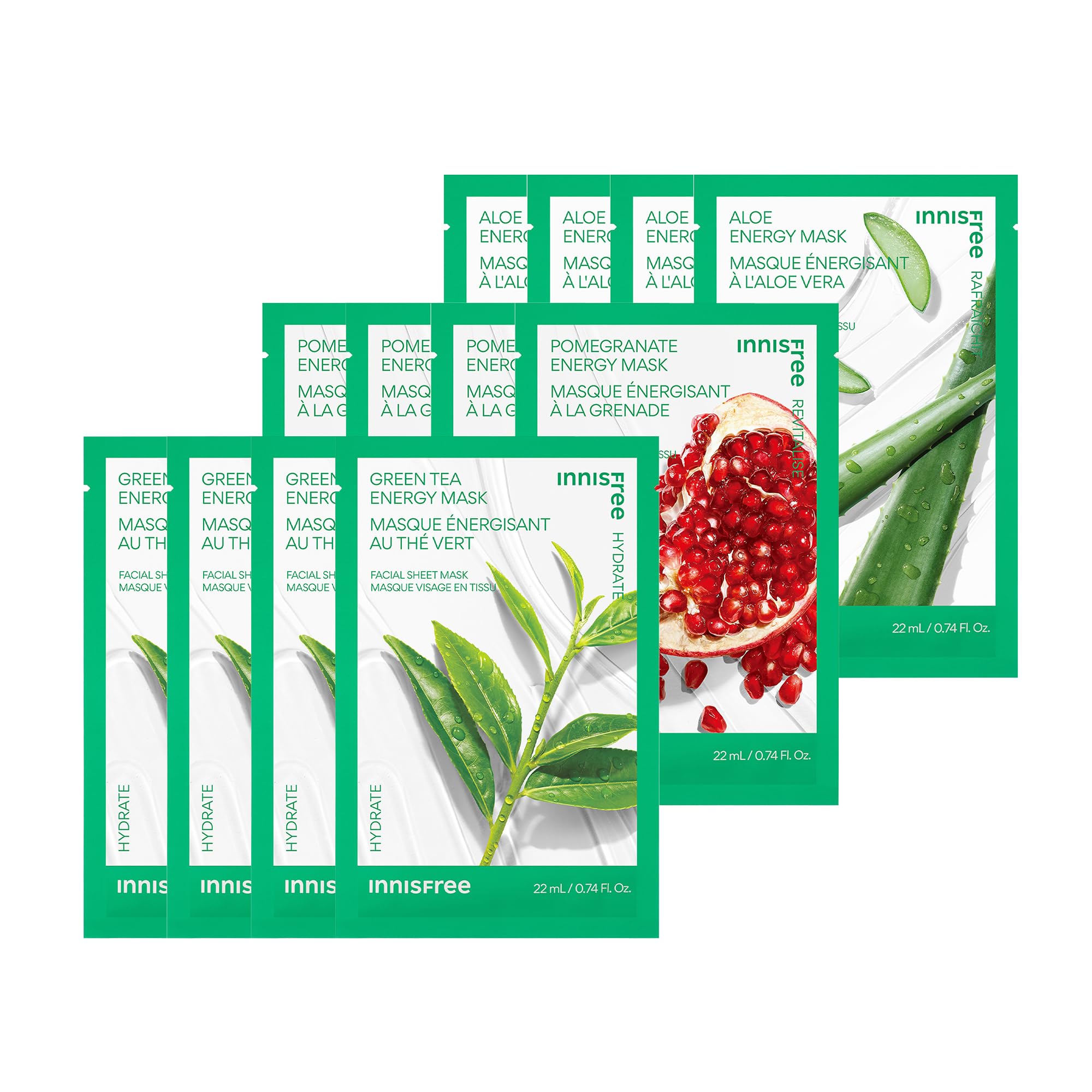 Innisfree Energy Sheet Mask 12 Pack - Korean Face Mask Set with Aloe, Pomegranate & Green Tea for Hydration & Brightening | Perfect for Daily Skincare Routine, Spa Day & Travel Essentials