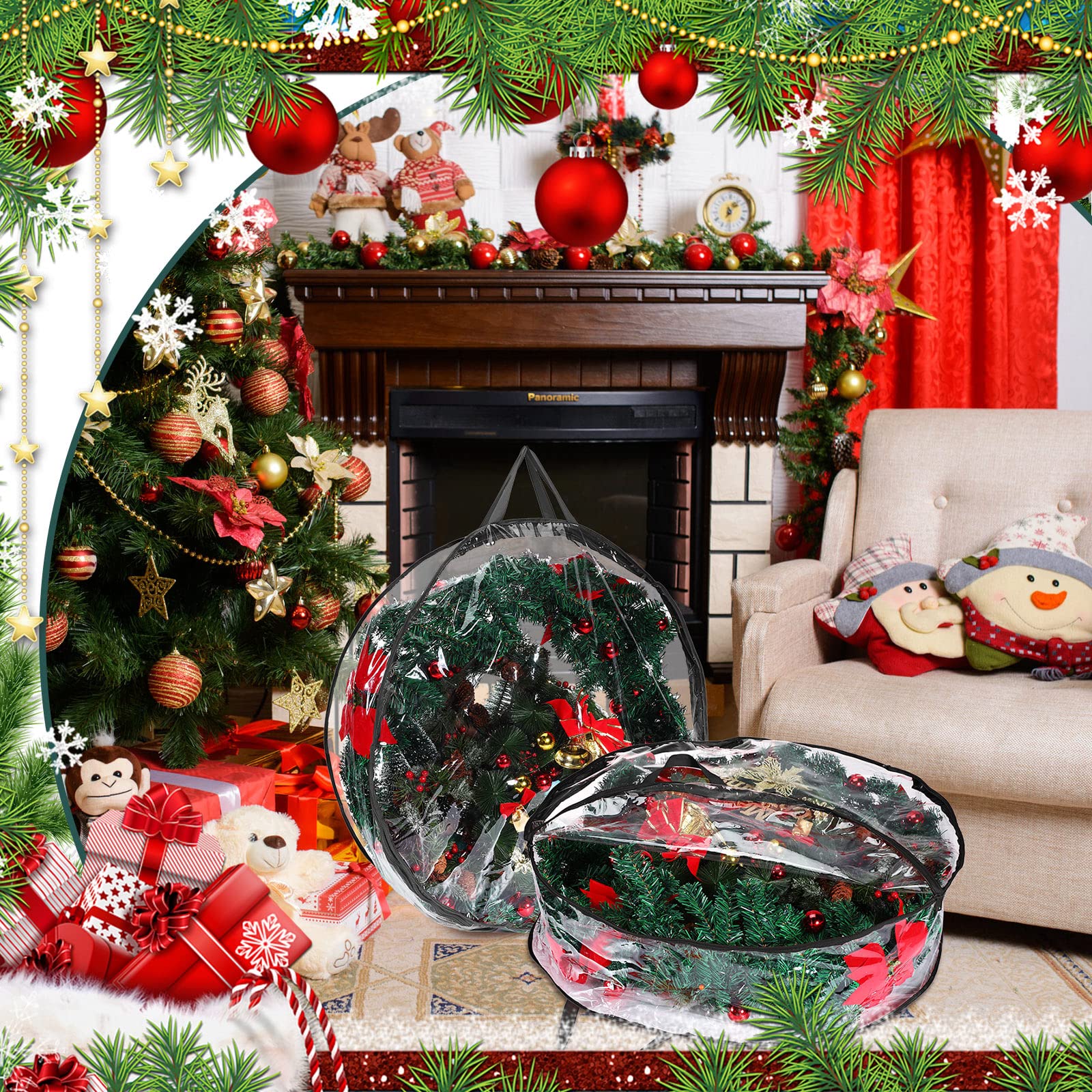 Shappy 30 Inch Christmas Wreath Storage Bags - Clear & Black Plastic Wreath Storage Containers with Dual Zippers & Handles for Artificial Holiday Wreaths (4-Pack) - Perfect for Xmas, Thanksgiving Decor Storage & Seasonal Organization