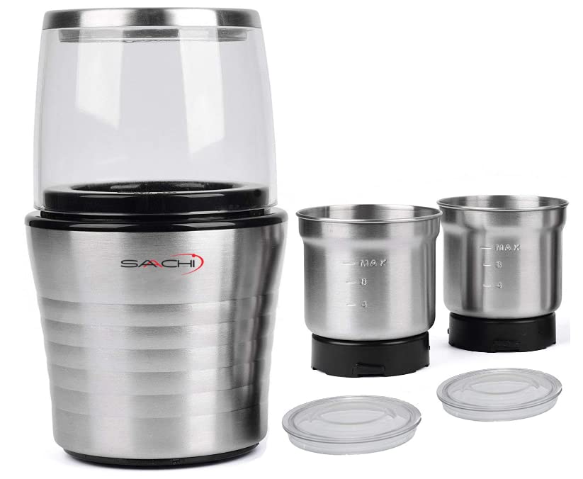 Saachi SA-2915 2-in-1 Electric Coffee Grinder & Spice Grinder - Wet & Dry Grinding with 2 Stainless Steel Blades & Removable Bowls - Perfect for Home Kitchen, Coffee Shops & Baking Enthusiasts