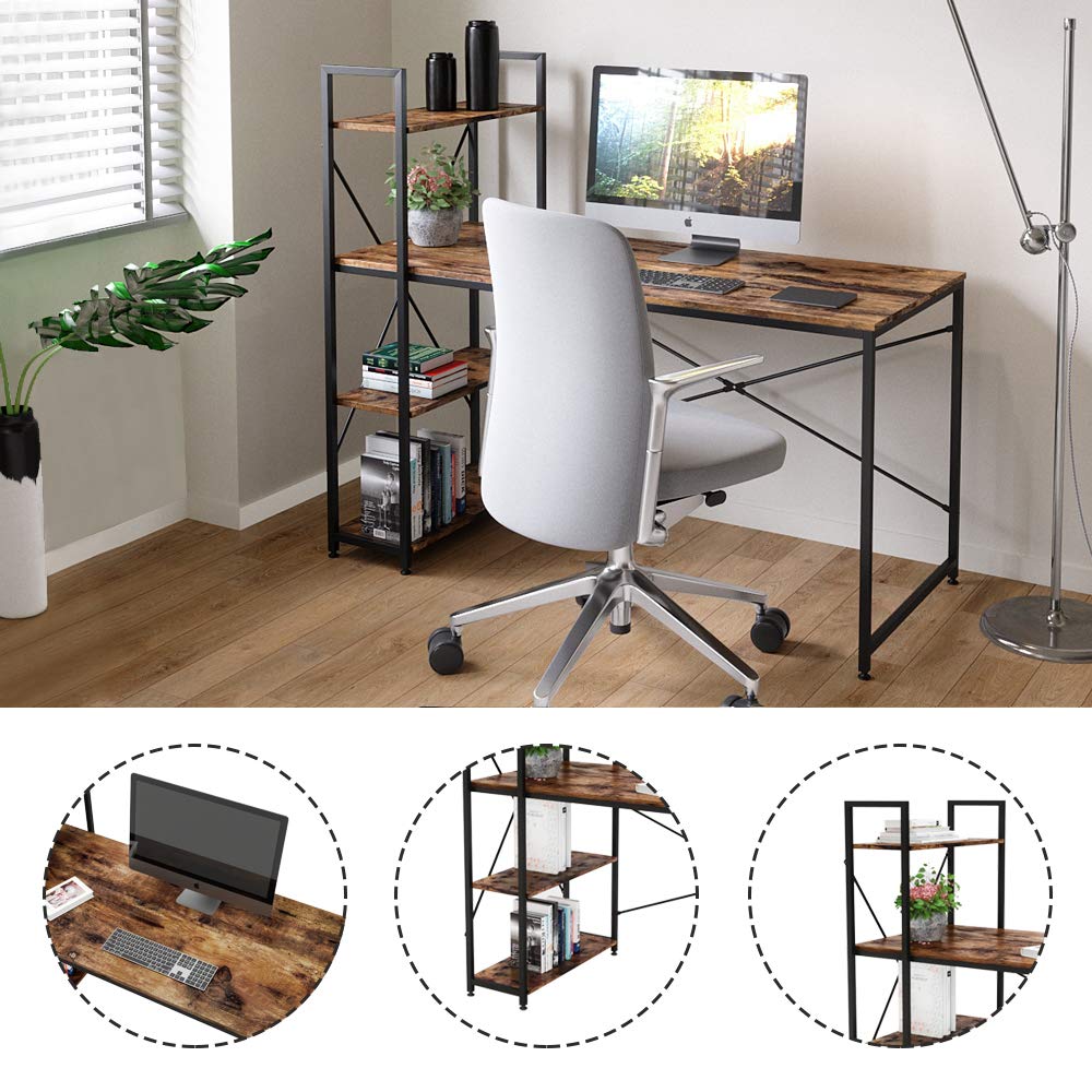 Bestier 55 Inch Computer Desk with Storage Shelves - Reversible Bookshelf Home Office Desk, Spacious Leg Room & Easy Assembly, Rustic Brown - Perfect for Small Spaces & Remote Work Setup