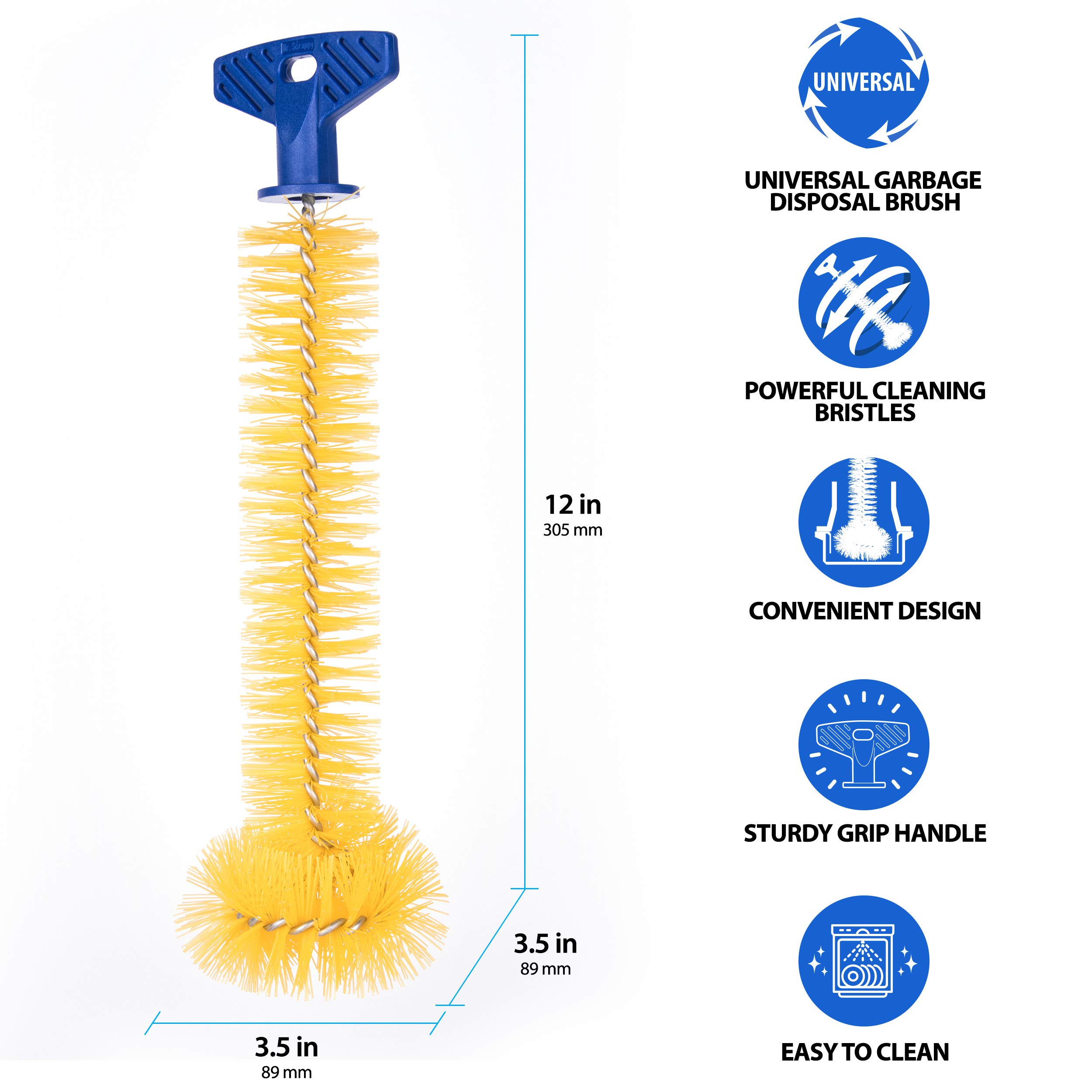 Universal Garbage Disposal Brush with Sturdy Grip Handle - 11 Inch Yellow Cleaning Brush for Kitchen Sink, Drain, and Pipe Maintenance
