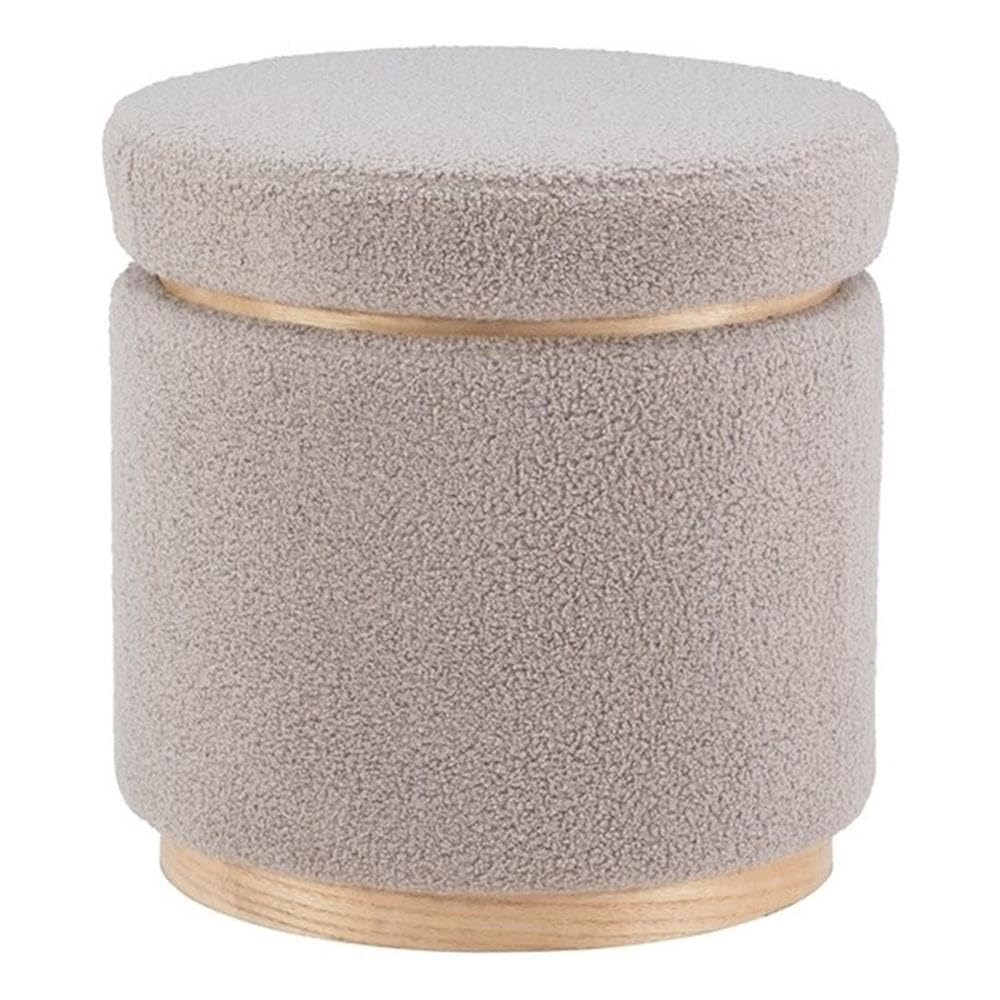 Linon Hawn Round Padded Storage Ottoman with Light Wood Trim - Gray Sherpa Fabric Upholstered Footrest Bench for Living Room, Bedroom & Home Decor