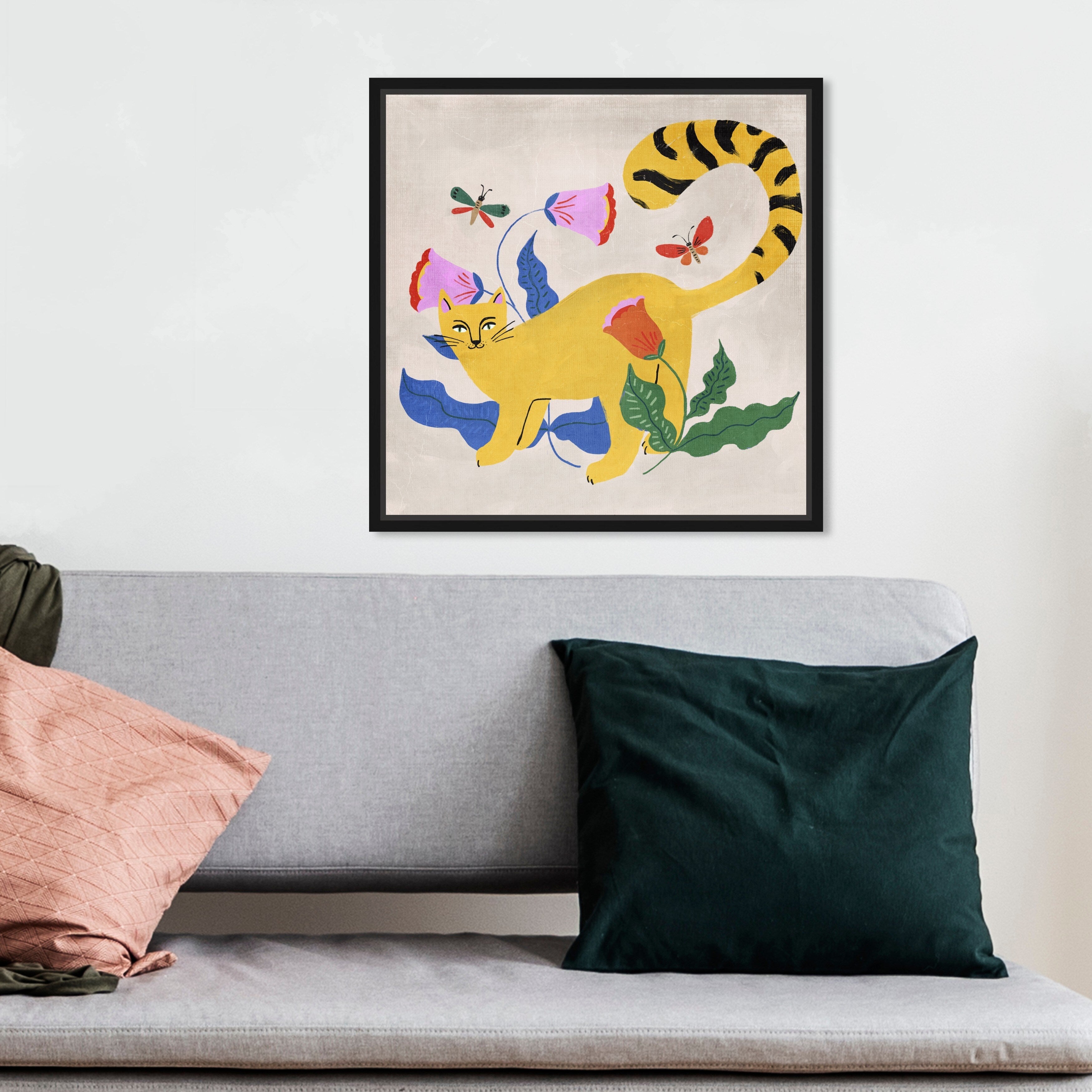 Blonde Tabby Floral Kitten Butterfly Garden Modern Yellow Framed Canvas Wall Art Print - Home Decor for Bedroom, Living Room & Nursery