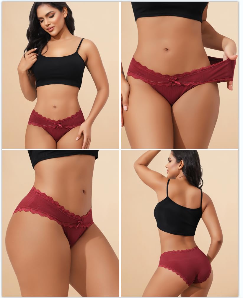 LEVAO Women's Cotton Cheeky Bikini Panties - Lace Trim Stretch Hipster Underwear Multipack (S-XXL) for Everyday Comfort & Sleepwear