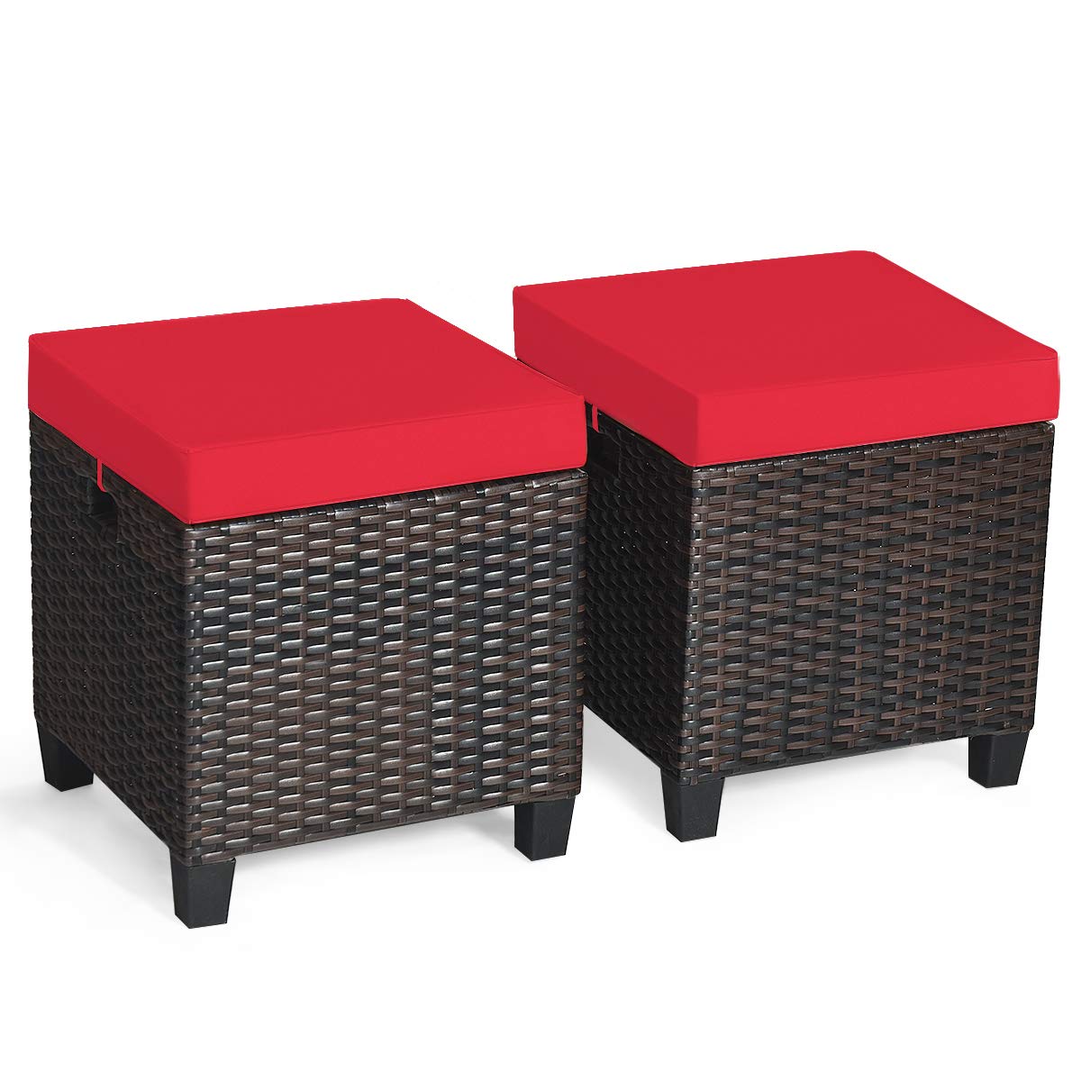 Tangkula 2-Piece Outdoor Patio Ottoman Set - All-Weather Rattan Wicker Footstool with Removable Cushions - Waterproof Garden Furniture for Poolside, Deck, Porch & Backyard Relaxation