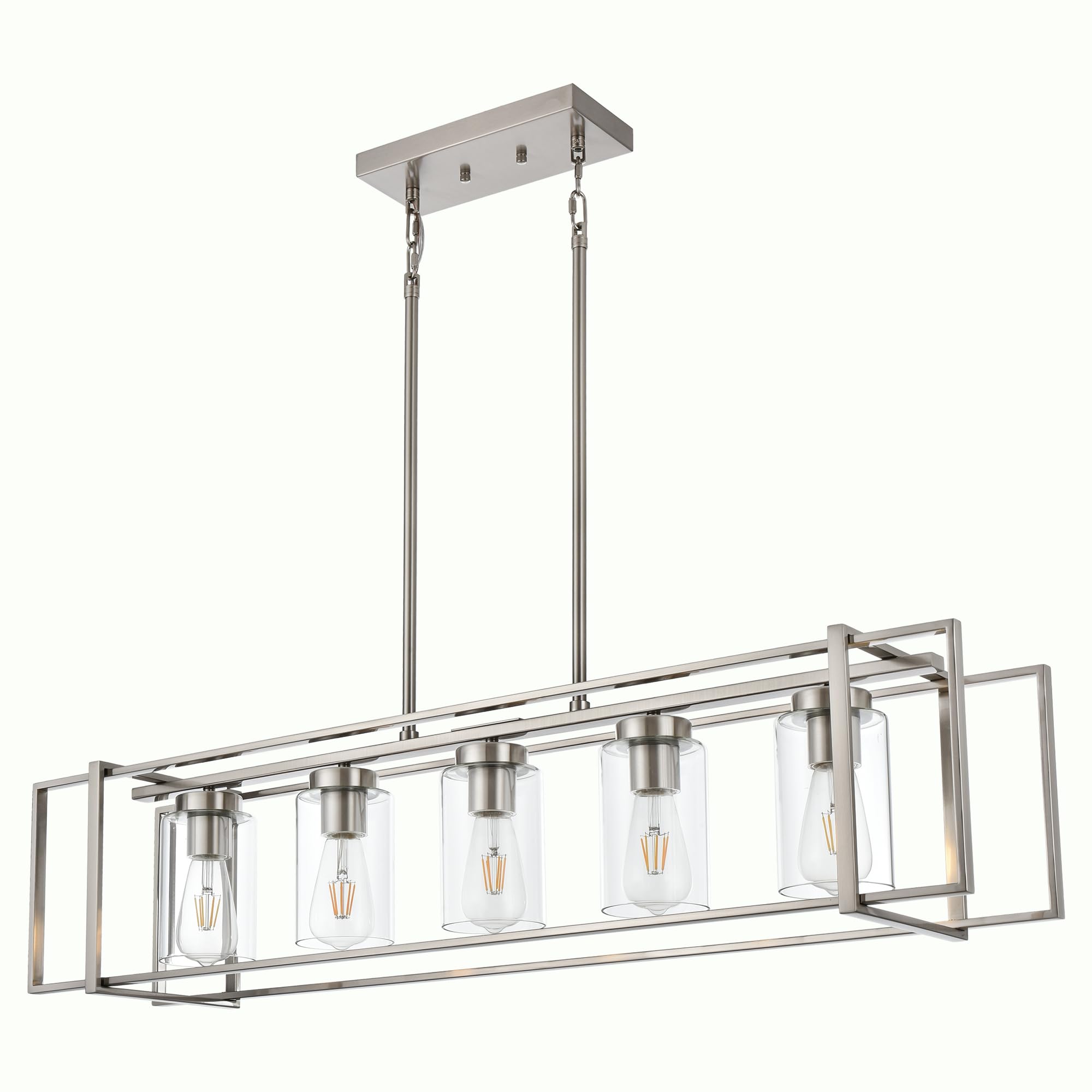 MELUCEE 5-Light Brushed Nickel Rectangular Pendant Light with Clear Glass Shade - Adjustable Height Kitchen Island Lighting & Dining Room Chandelier - Perfect for Modern Farmhouse, Industrial & Contemporary Home Decor