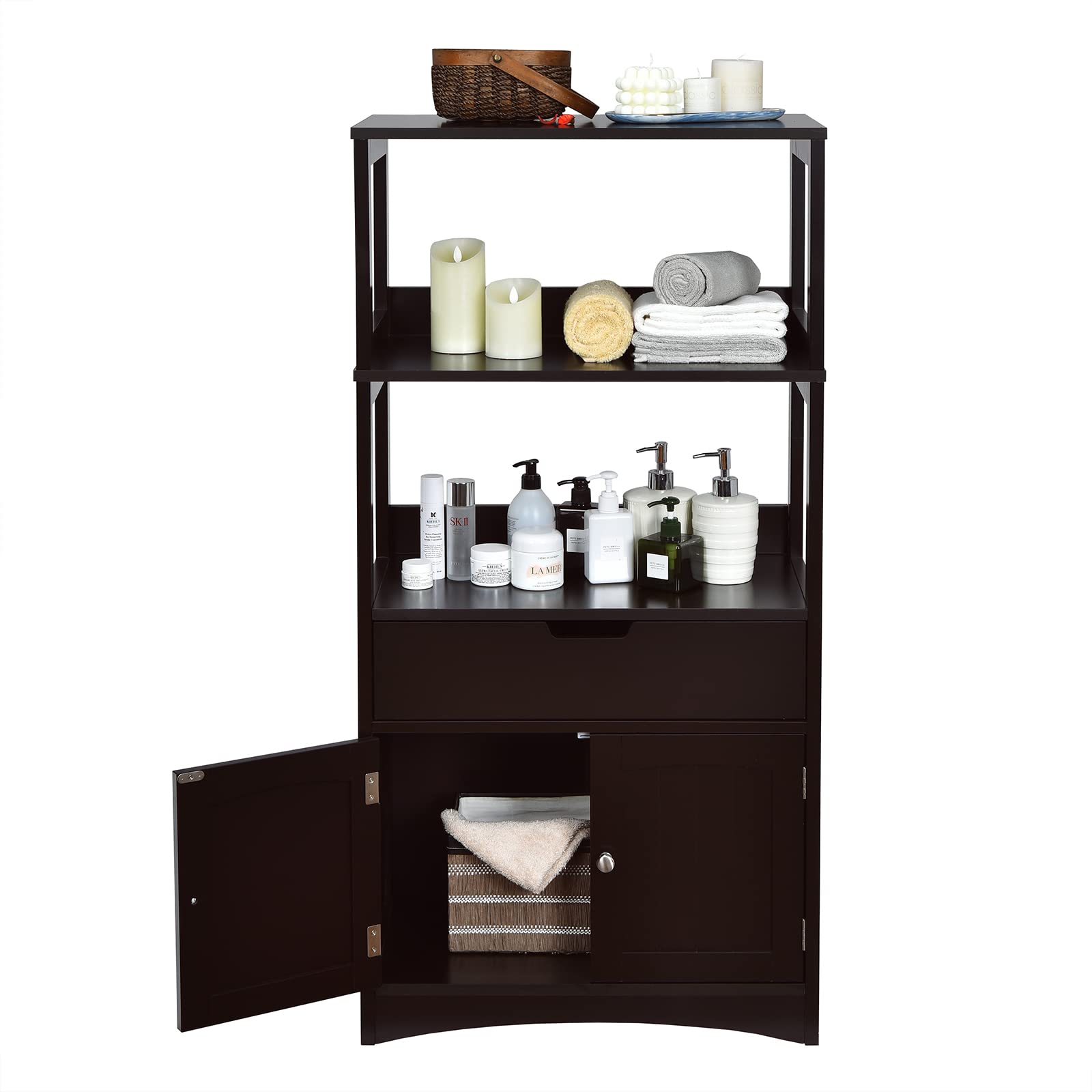 HAPPYGRILL Freestanding Bathroom Floor Cabinet with 2 Open Shelves, Drawer & Door - Anti-Tip Storage Organizer for Bathroom, Living Room, Entryway & Kitchen - Space-Saving Home Organization Solution for Towels, Toiletries & Decor