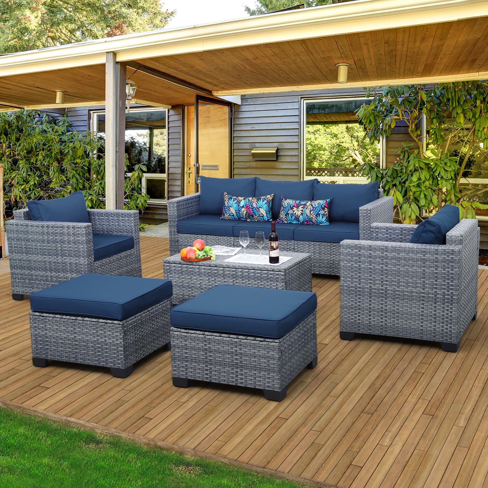 6-Piece Wicker Patio Furniture Set, Outdoor PE Rattan Sectional Sofa with Storage Table & Royal Blue Cushions - Perfect for Garden, Poolside, and Backyard Relaxation
