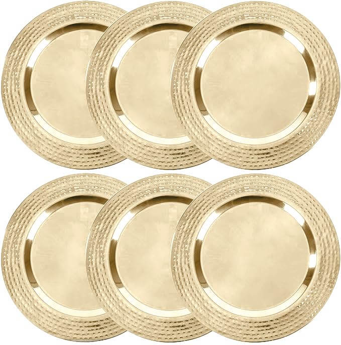 6-Pack 13 Inch Gold Stainless Steel Charger Plates with Hammered Rim - Elegant Dinner Plate Chargers for Weddings, Parties & Formal Dining - Durable & Stylish Table Setting