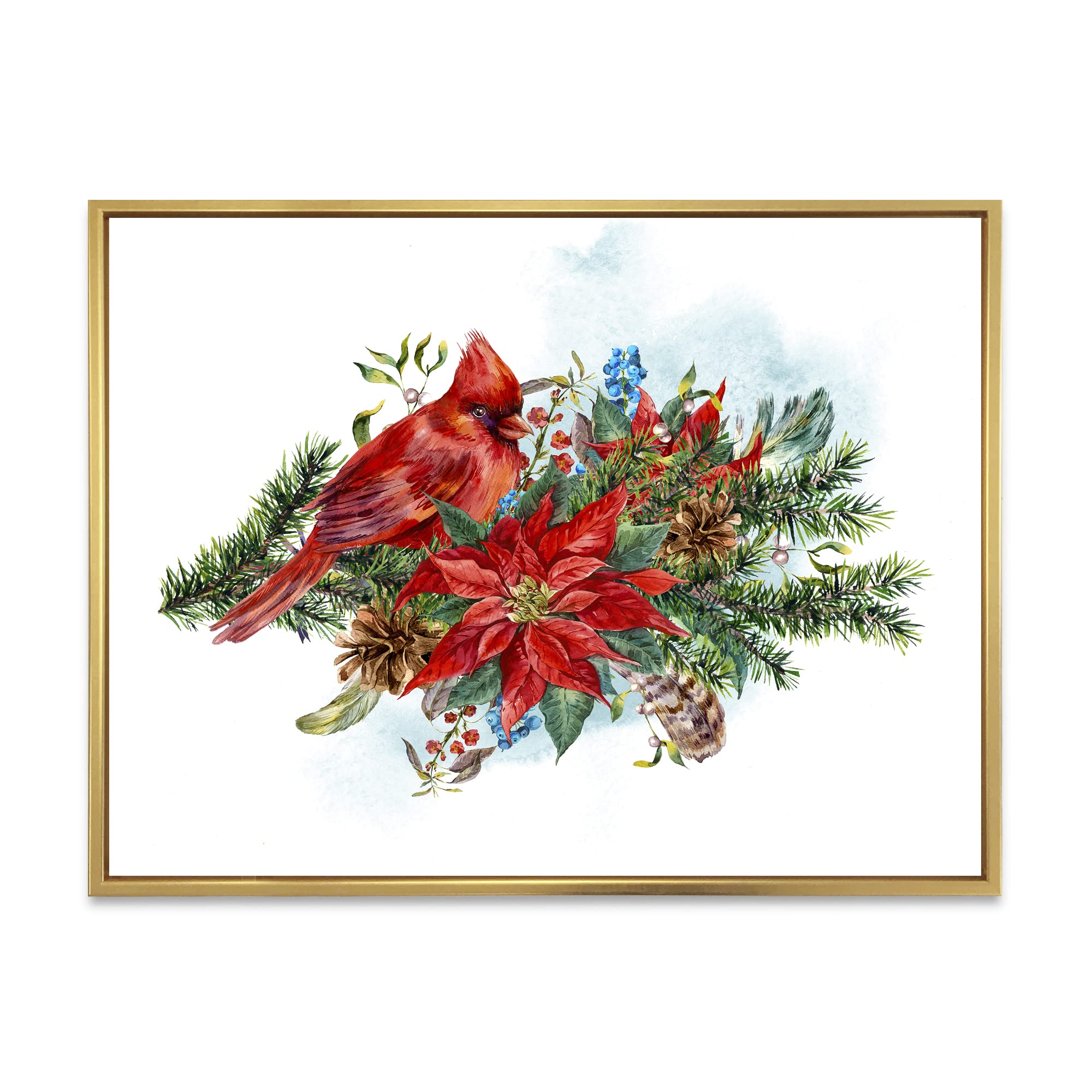 DesignQ Christmas Poinsettia & Red Cardinal Bird Framed Canvas Wall Art - Traditional Holiday Home Decor for Living Room, Bedroom & Office (16x20 Inches)