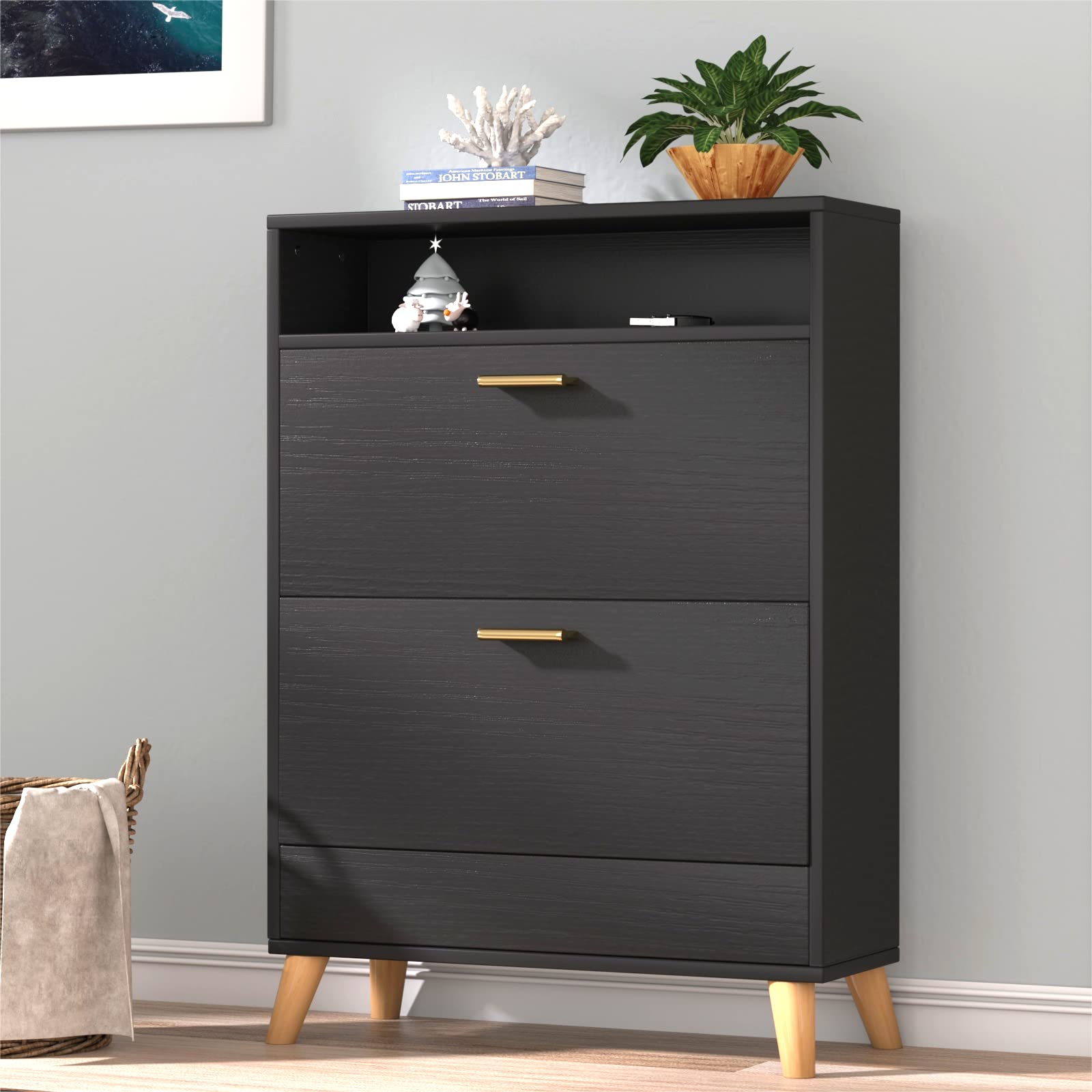 16-Pair Shoe Storage Cabinet with 2 Flip Drawers - 3-Tier Free Standing Shoe Organizer for Entryway, Narrow Hidden Shoe Rack with Doors (Dark Black) - Perfect for Small Spaces, Closet Organization & Entryway Storage