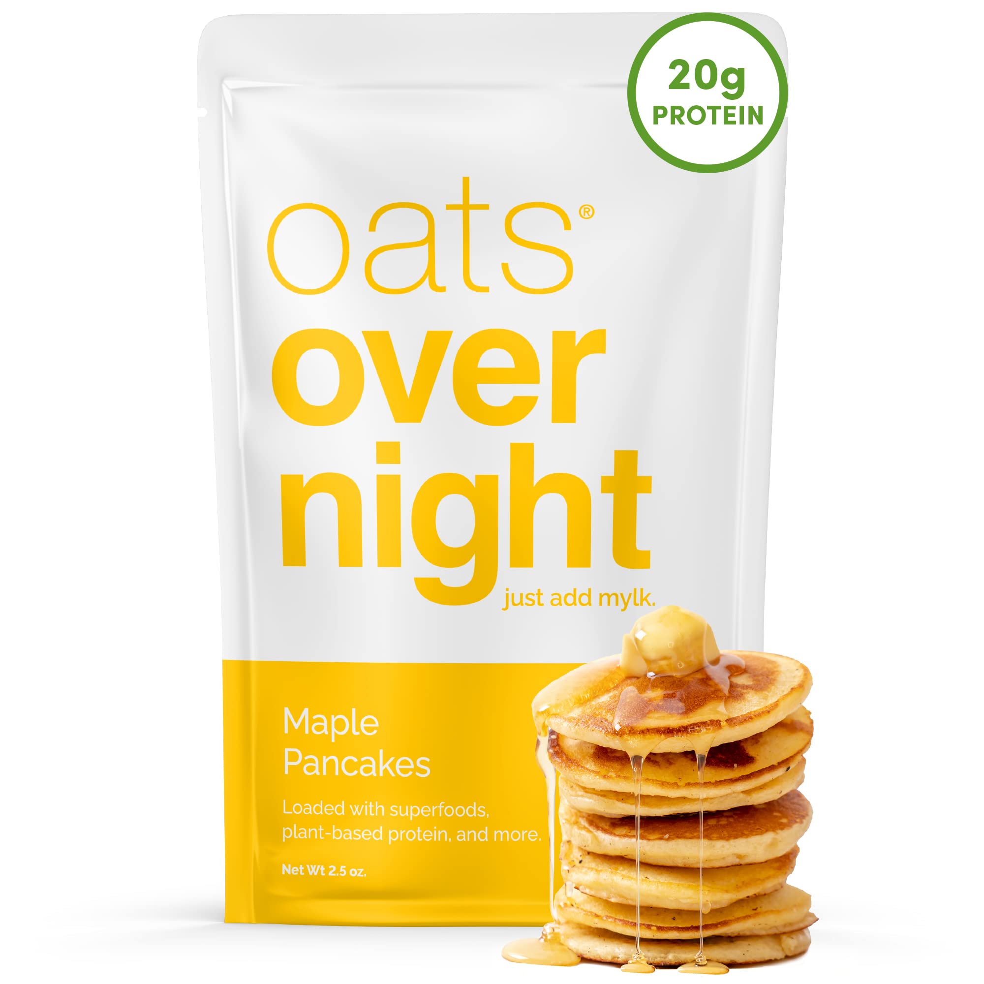 Oats Overnight - Maple Pancakes Flavor - Vegan Protein Oatmeal Shake (20g Protein, High Fiber) - Gluten Free & Non-GMO Breakfast (2.5oz/Serving, 24 Pack) - Perfect for Busy Mornings, Post-Workout Recovery & Healthy On-the-Go Meals