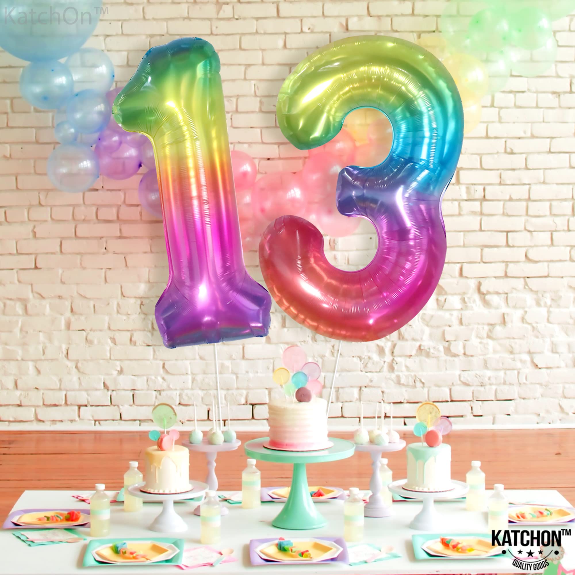 KatchOn Giant Rainbow 13 Balloon Numbers - 40 Inch Large Foil Balloons for 13th Birthday Party Decorations | Rainbow Neon Number Balloons for Girls, Teens, Sweet 16 | Perfect for Birthday Backdrops, Photo Booths, Cake Tables & Room Decor