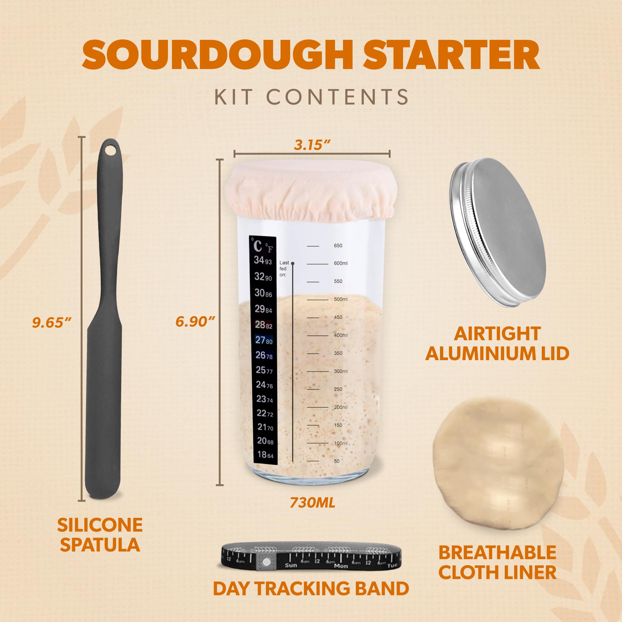 Organic Sourdough Starter Kit with 14oz Glass Jar - Complete Bread Baking Supplies Set with Airtight Lid, Dough Whisk & Silicone Spatula - Perfect for Homemade Artisan Bread, Pizza Dough & Pastries