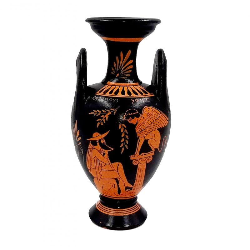 Ancient Greek Red Figure Vase - 22cm Amphora with Oedipus & Sphinx Mythological Scene - Hercules Decorative Pottery for Home Decor, Museum Replica, Greek Mythology Gift, Wedding Present
