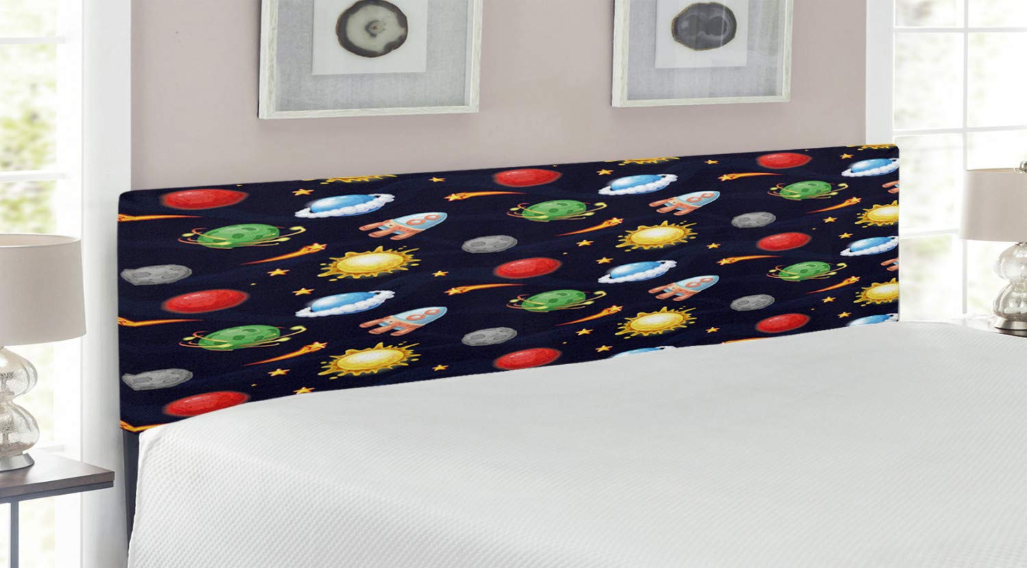 Ambesonne Space Themed King Size Headboard - Cartoon Style Cosmos Design with Sun, Stars, Planets & Rocket | Upholstered Decorative Metal Bed Frame with Memory Foam | Perfect for Kids' Room, Space Themed Bedroom & Sci-Fi Decor